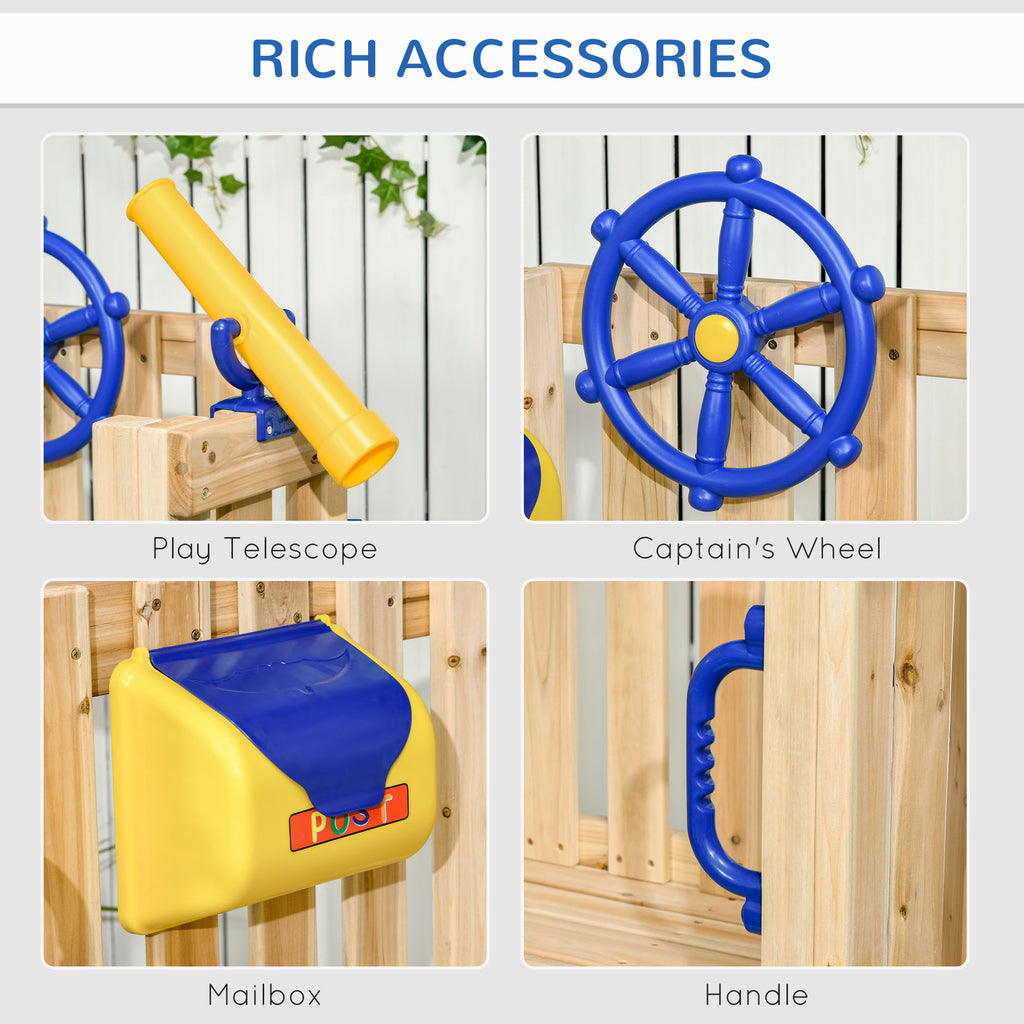 Outsunny 3 in 1 Wooden Swing Set Outdoor Playset with Baby Swing Seat, Toddler Slide, Captain's Wheel, Telescope, Kids Backya