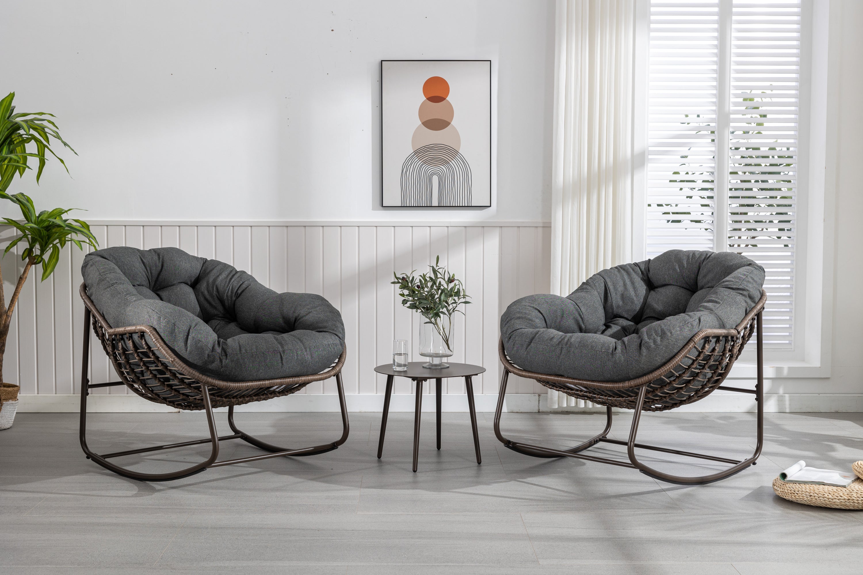 Outdoor Rattan Rocking Chair,Padded Cushion Rocker Recliner Chair Outdoor for Front Porch, Living Room, Patio, Garden, Grey - Grand Goldman Shop