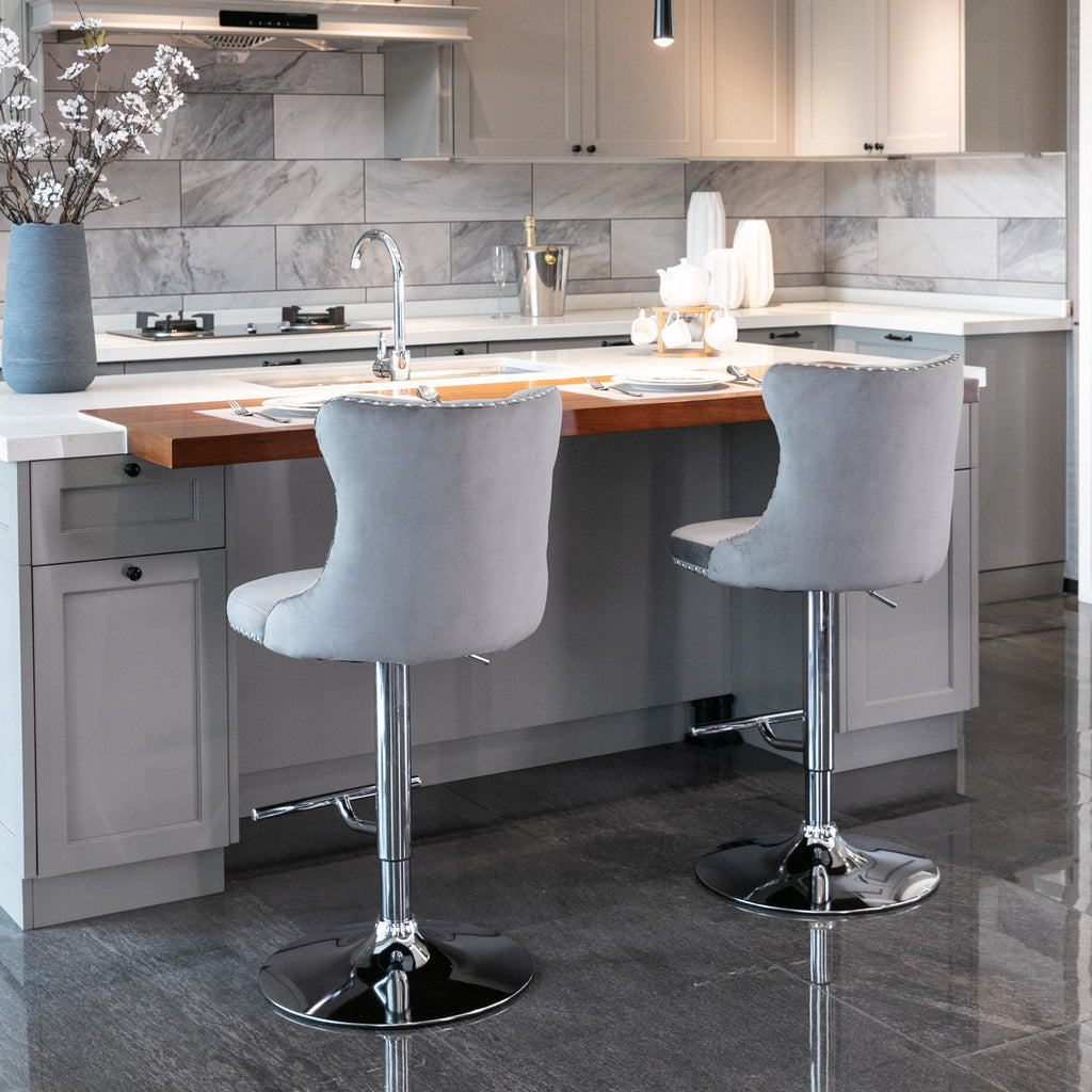 A&A Furniture,Swivel Velvet Barstools Adjusatble Seat Height from 25-33 Inch, Modern Upholstered Chrome base Bar Stools with Backs Comfortable Tufted for Home Pub and Kitchen Island（Gray,Set of 2） - Grand Goldman Shop
