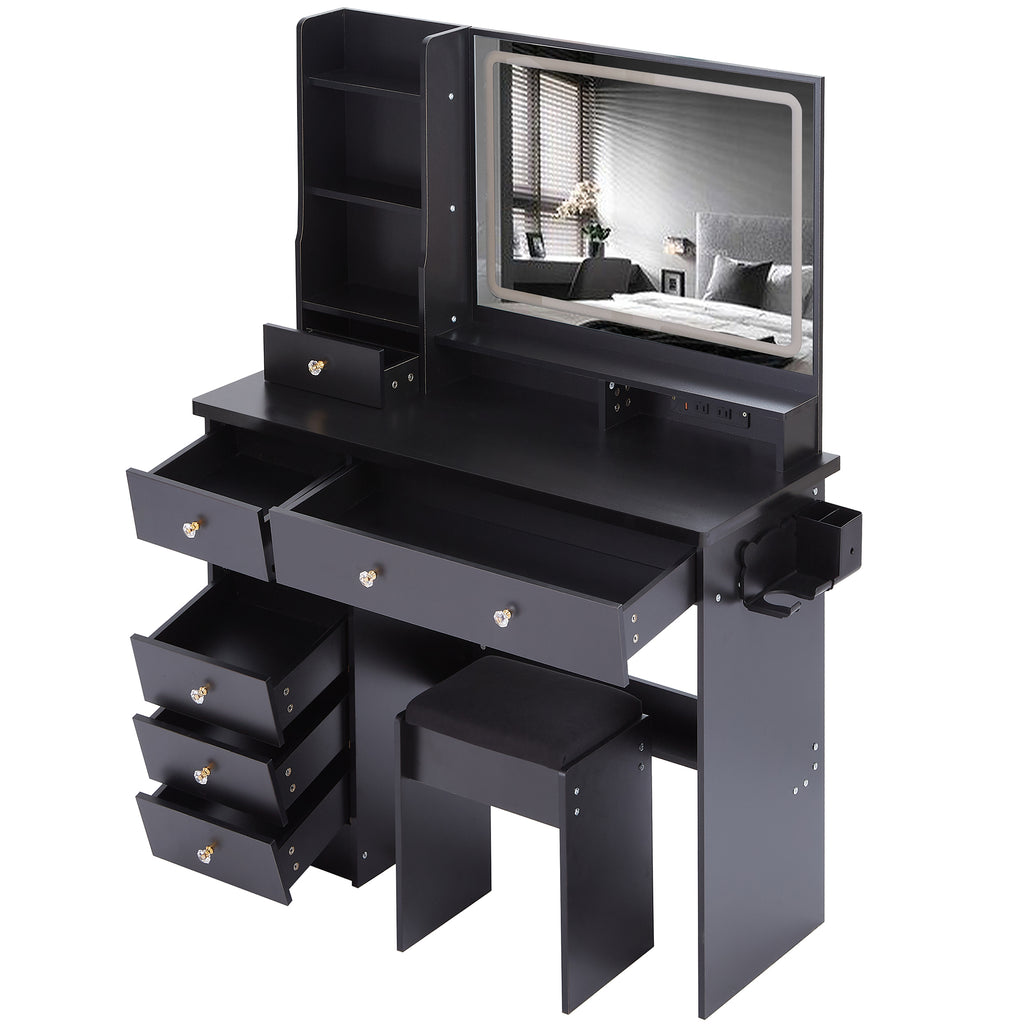 41' Large Size Left Drawer Desktop Vanity Table+Cushioned Stool Dresser Set, 2 AC+2 USB Power Station, Hair Dryer Stand, Extra Large Touch Control LED Mirror, 3-color Switch, EPA, GCC, UL Certificate - Grand Goldman Shop