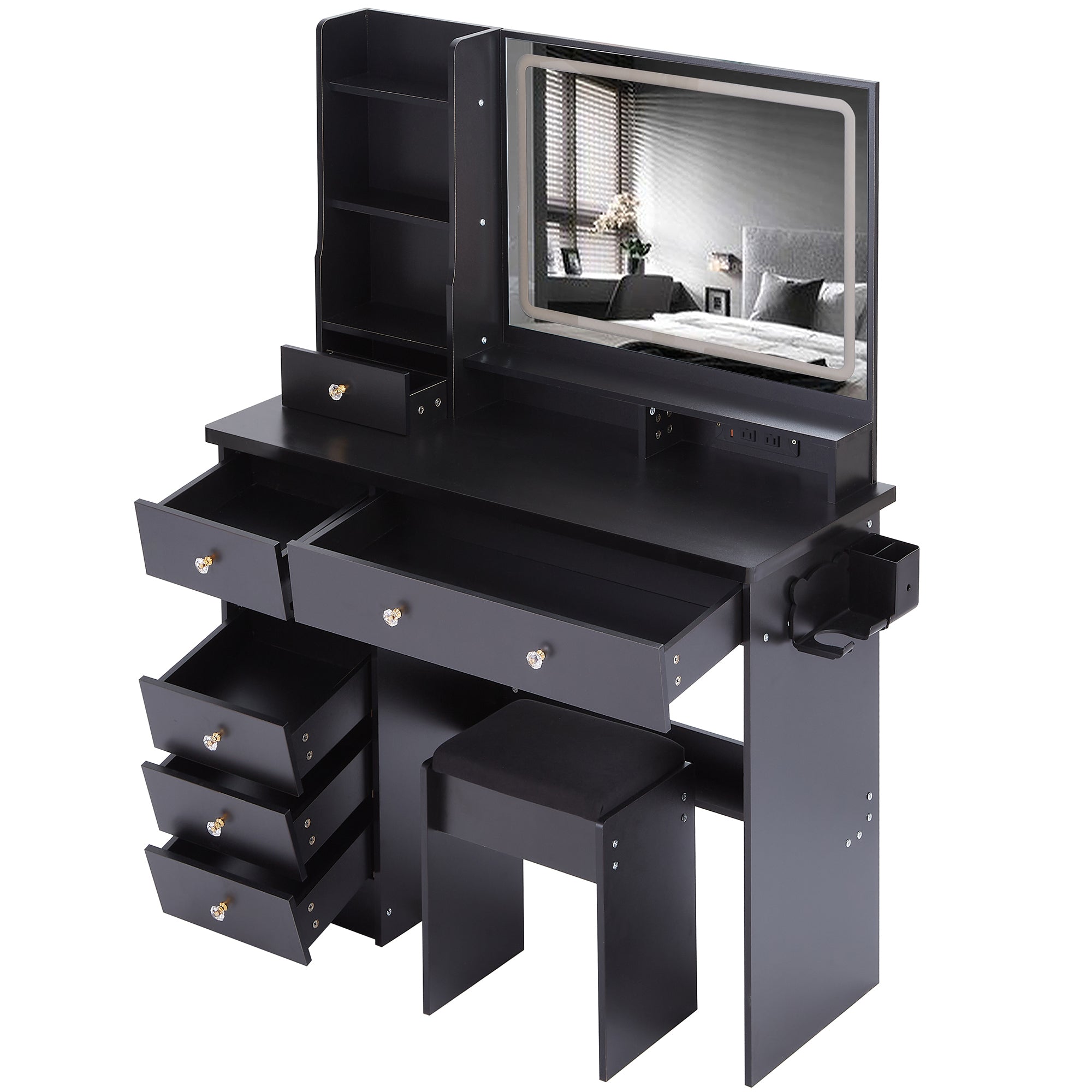 41' Large Size Left Drawer Desktop Vanity Table+Cushioned Stool Dresser Set, 2 AC+2 USB Power Station, Hair Dryer Stand, Extra Large Touch Control LED Mirror, 3-color Switch, EPA, GCC, UL Certificate - Grand Goldman Shop