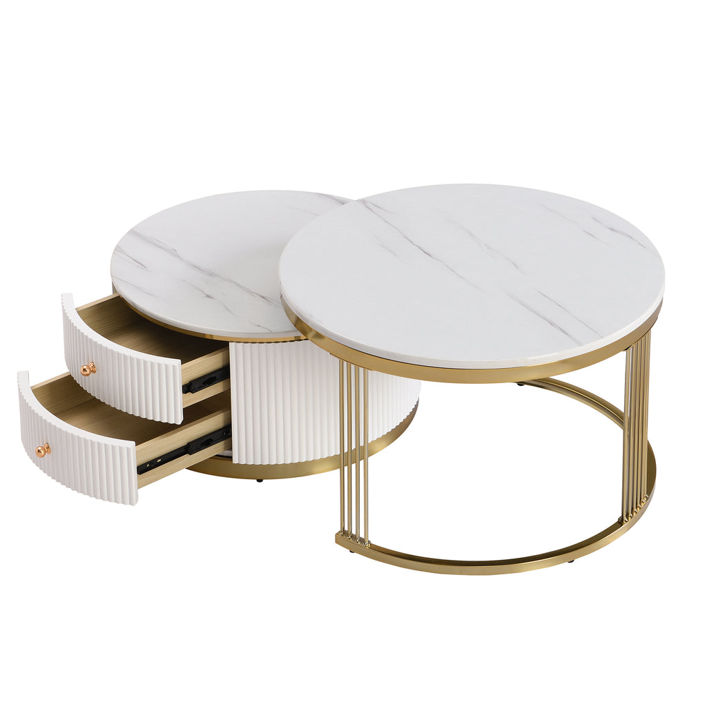 Modern 2 Pieces White Round Nesting  Coffee Table with Drawers in 27.6'' - Grand Goldman Shop