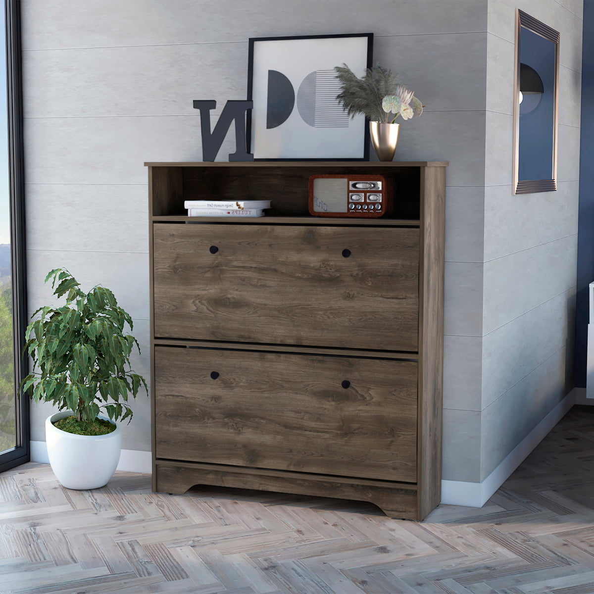 Shoe Rack Dublin, One Open Shelf, Two Extendable Cabinets, Dark Brown Finish - Grand Goldman Shop