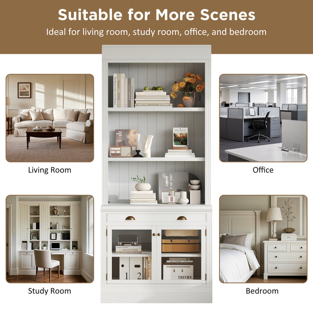 83.4'Tall Bookshelf, Modern Bookcase with 2 Glass Doors and 1 Drawer,Storage Bookcase with Open Shelves for Living Room,Home 
