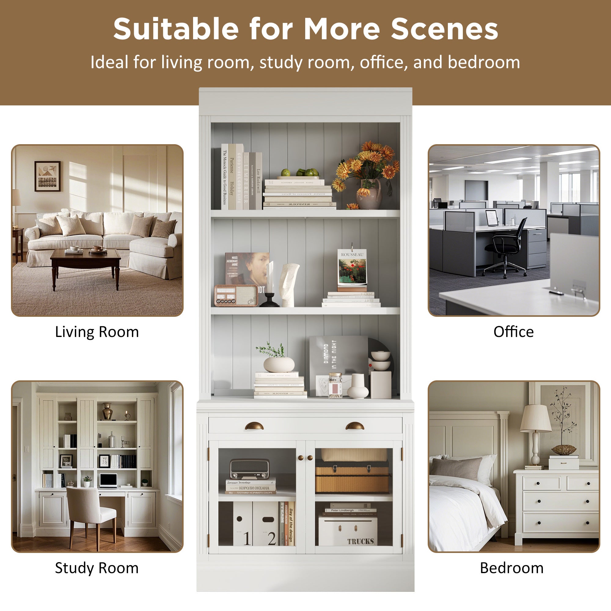 83.4'Tall Bookshelf, Modern Bookcase with 2 Glass Doors and 1 Drawer,Storage Bookcase with Open Shelves for Living Room,Home 