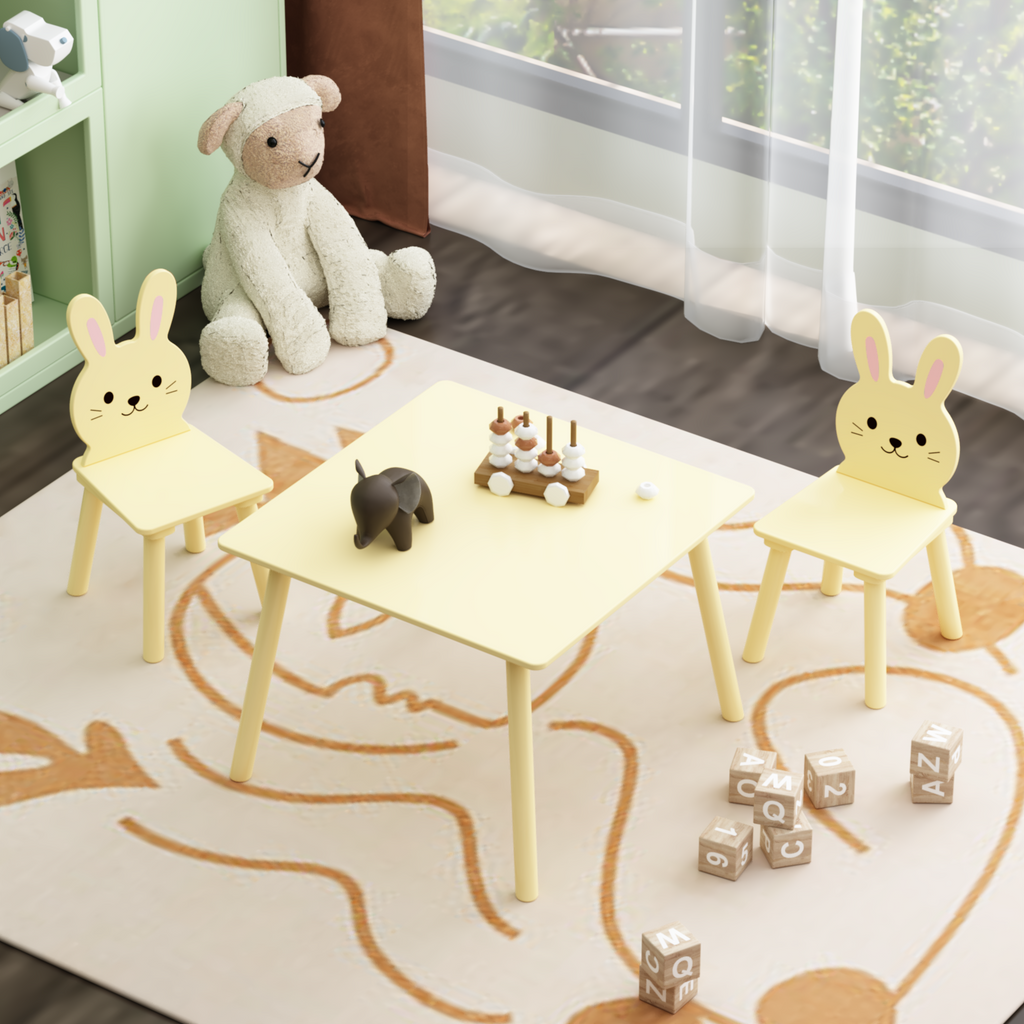 Kids Table and Chair Set with 2 Bunny Chairs, Children's Wooden Activity Table for Toddlers, Cute Animal Design Study Play Se