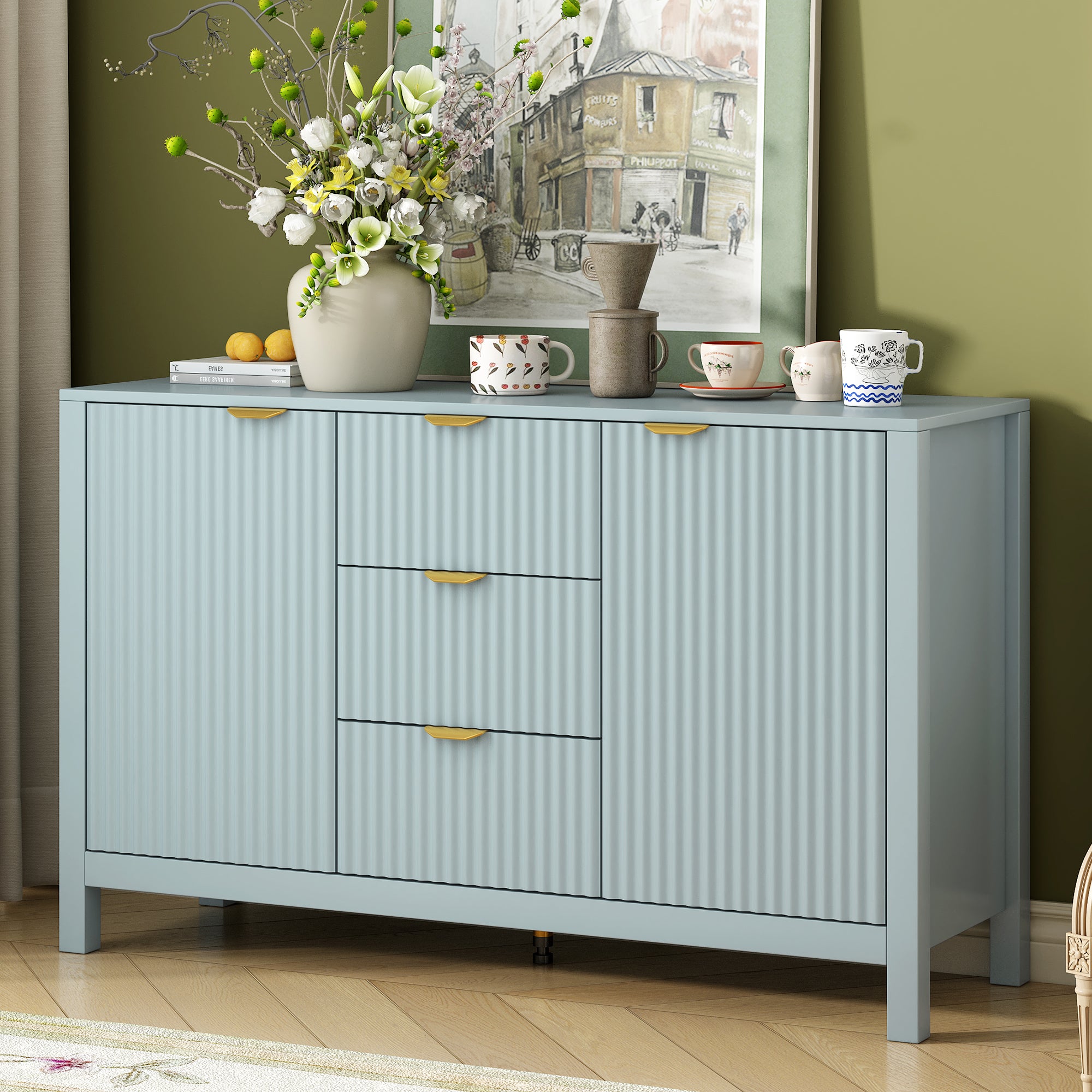 U_STYLE Sideboard with Wave Design - 3 Adjustable Shelves, 3 Drawers & Soft-Close Doors, Storage Console Table with Metal Handles, Suitable for Study, Hallway and Living Room, 3 Colors - Grand Goldman Shop
