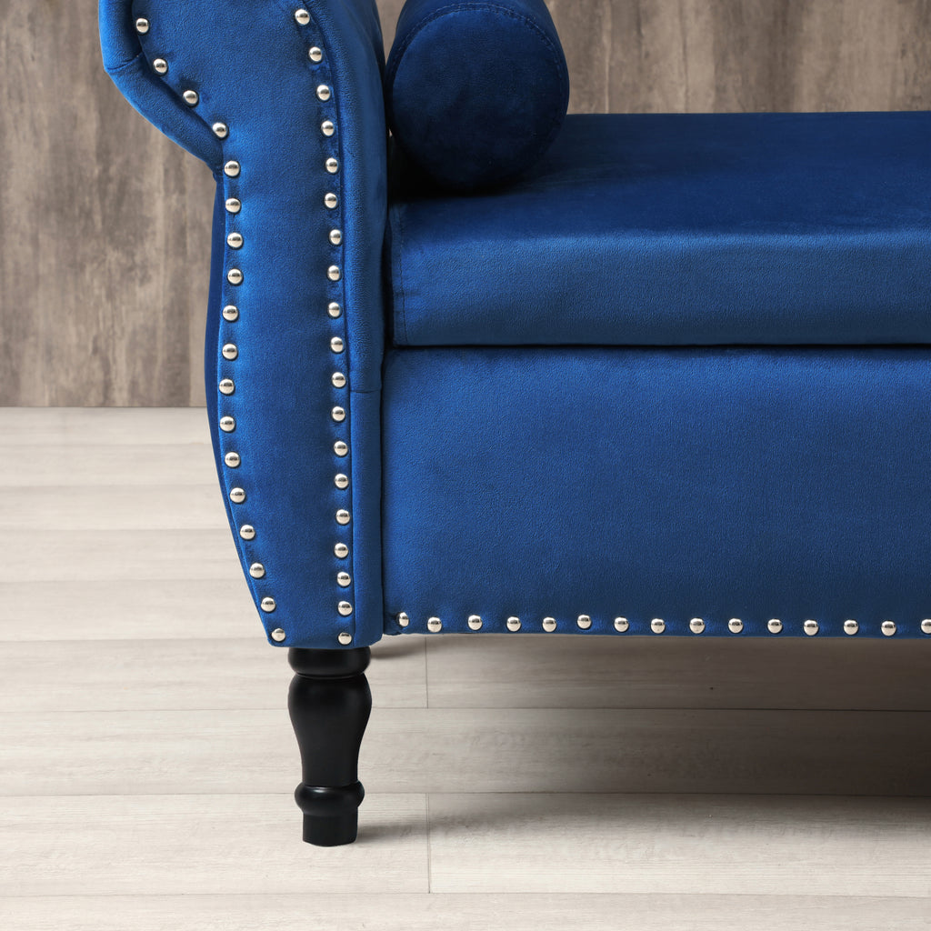 Aijia 63' Velvet Multifunctional Storage Bench Rectangular Sofa Stool Buttons Tufted Nailhead Trimmed Ottoman Solid Wood Legs with 1 Pillow,Blue - Grand Goldman Shop