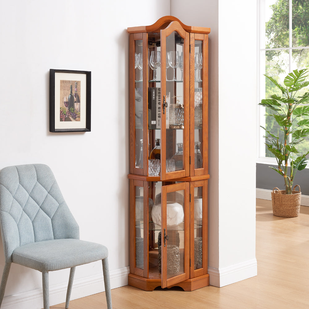Curio Cabinet Lighted Glass Display Curio Cabinet w/Tempered Glass Doors and Shelves, Crown Corner Cabinet with Bulb, Corner Storage Decoration for Living room and Bedroom OAK - Grand Goldman Shop