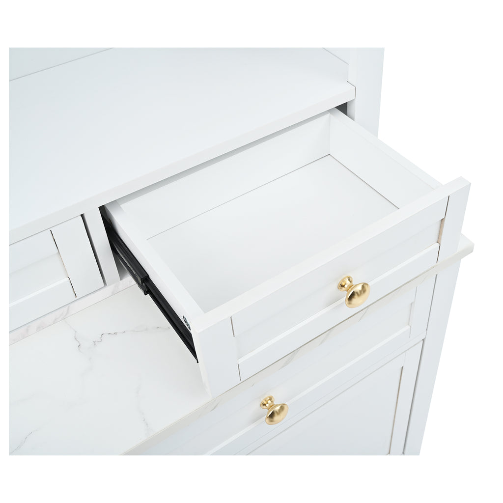 [Assembly Video Provided] TOPMAX Modern 83.7inch High Kitchen Pantry, Freestanding Tall Kitchen Hutch with Faux Marble Top, Display Cupboard Cabinet with 5 Storage Drawers and Adjustable Shelf, White - Grand Goldman Shop