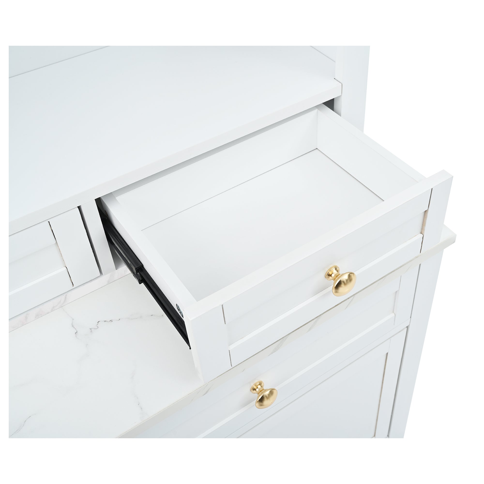 [Assembly Video Provided] TOPMAX Modern 83.7inch High Kitchen Pantry, Freestanding Tall Kitchen Hutch with Faux Marble Top, Display Cupboard Cabinet with 5 Storage Drawers and Adjustable Shelf, White - Grand Goldman Shop