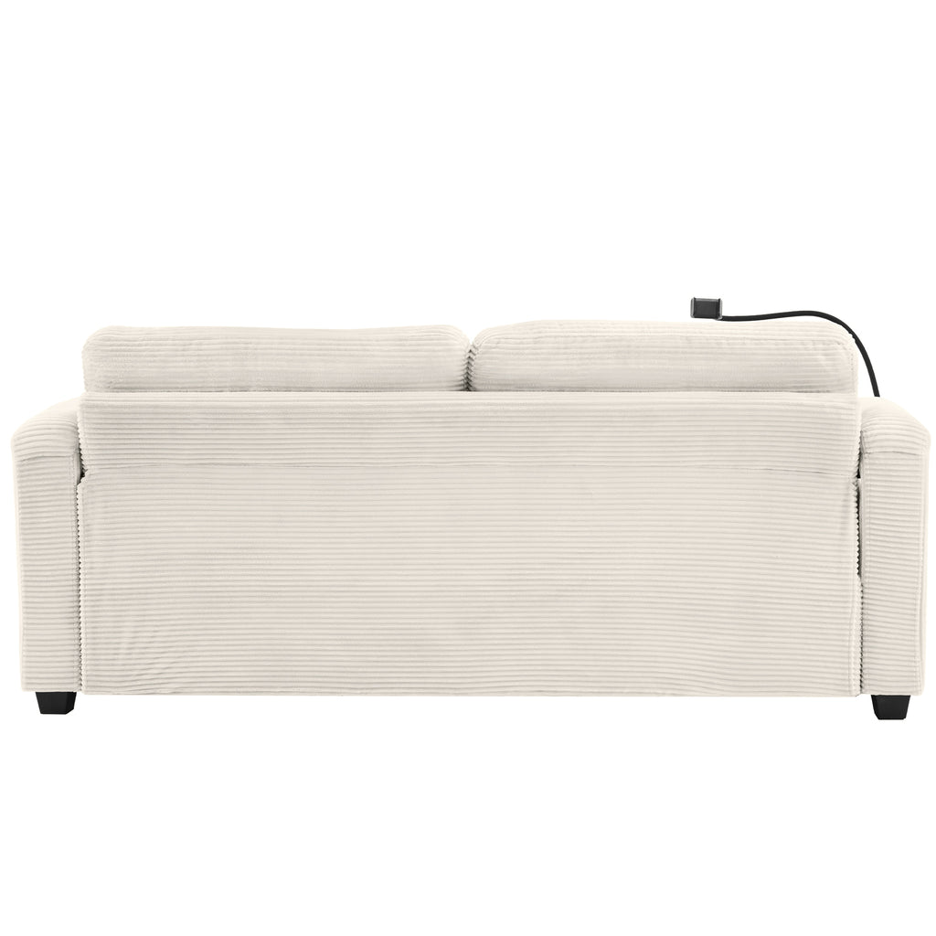 Beige Corduroy Sleeper Sofa Loveseat with Full Size Mattress, USB Ports, Cup Holders, Side Pockets, Phone Holder - Grand Goldman Shop