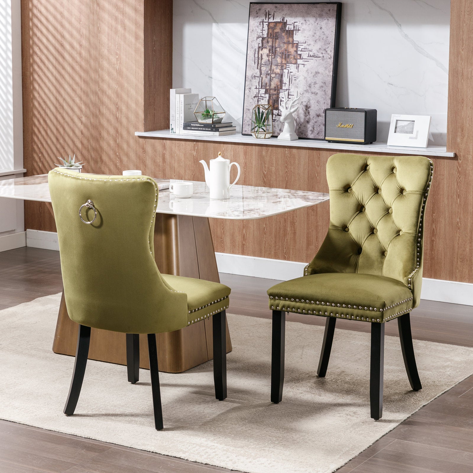 Nikki Collection Modern, High-end Tufted Solid Wood Contemporary Velvet Upholstered Dining Chair with Wood Legs Nailhead Trim 2-Pcs Set,Olive-Green,SW2001OL - Grand Goldman Shop