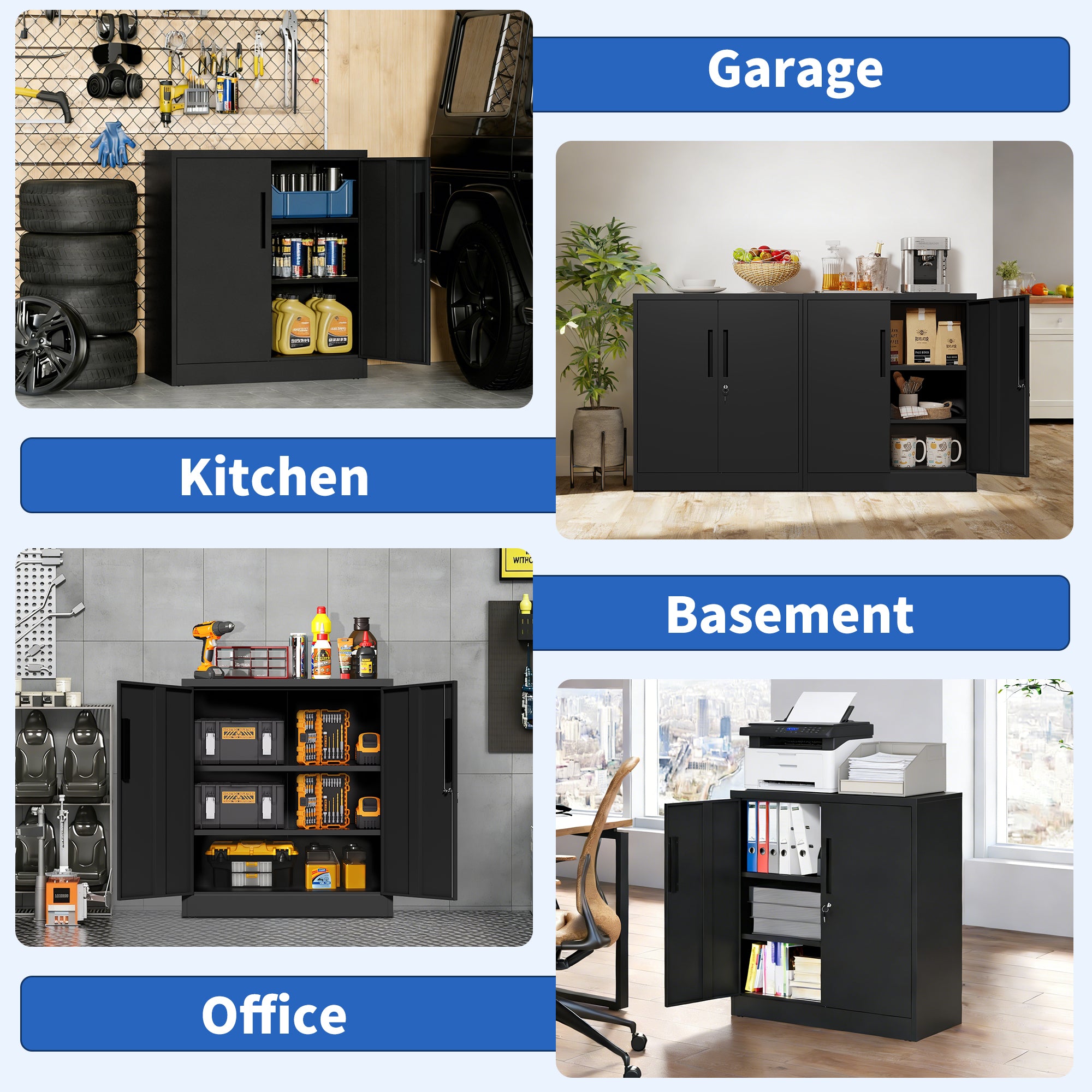 Black Heavy Duty Metal Storage Cabinet with Lock, 2-Door File Cabinet with 2 Adjustable Shelves for Home, Office, Garage (35.