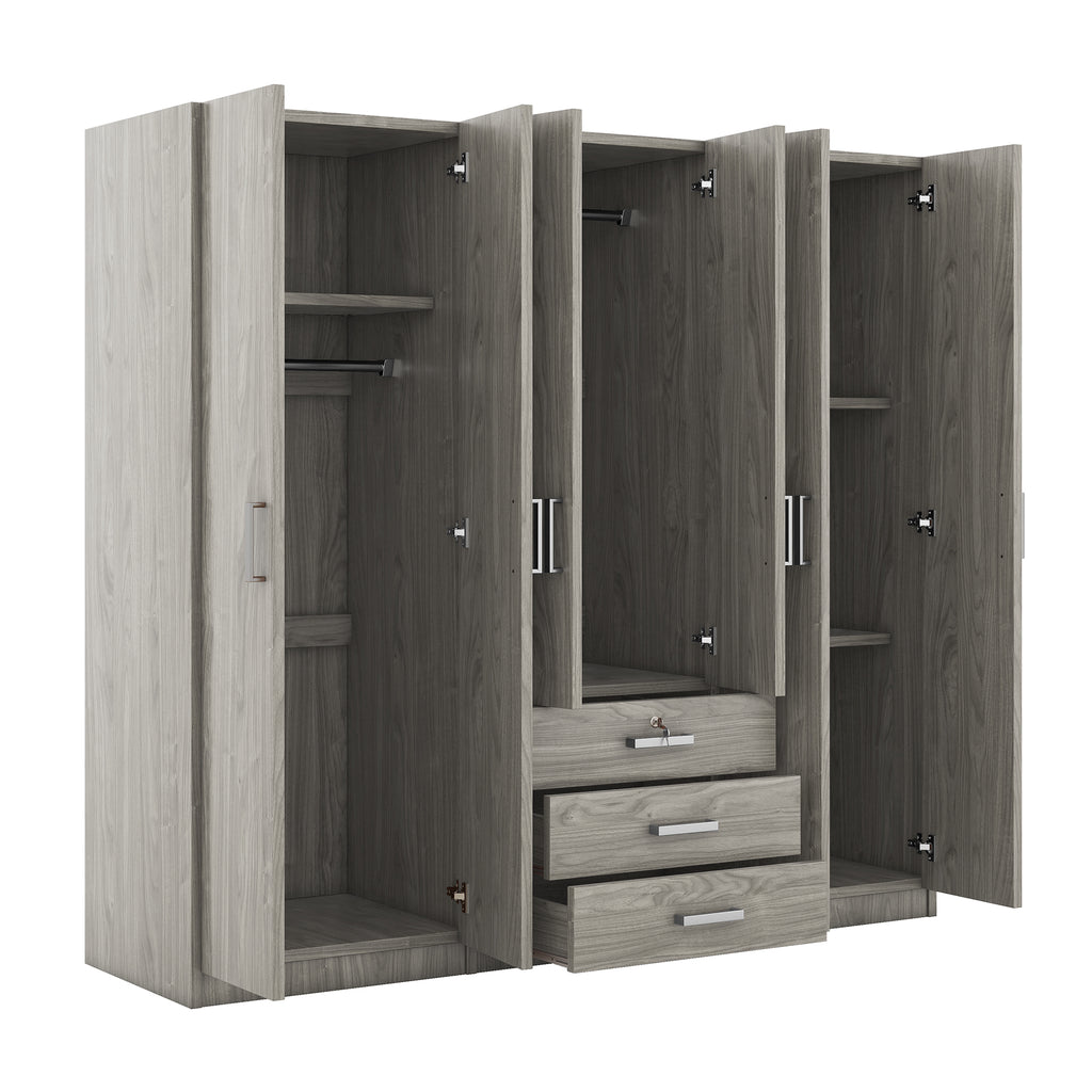 6-Doors Wooden Wardrobe Storage for Bedroom, with Big Drawers, Gray - Grand Goldman Shop