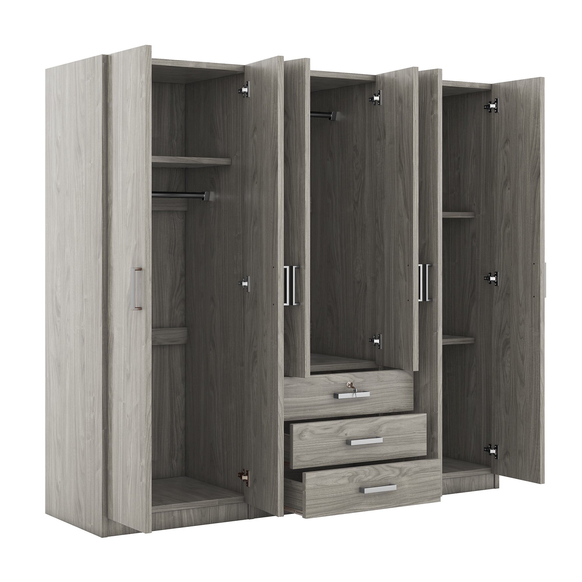 6-Doors Wooden Wardrobe Storage for Bedroom, with Big Drawers, Gray - Grand Goldman Shop