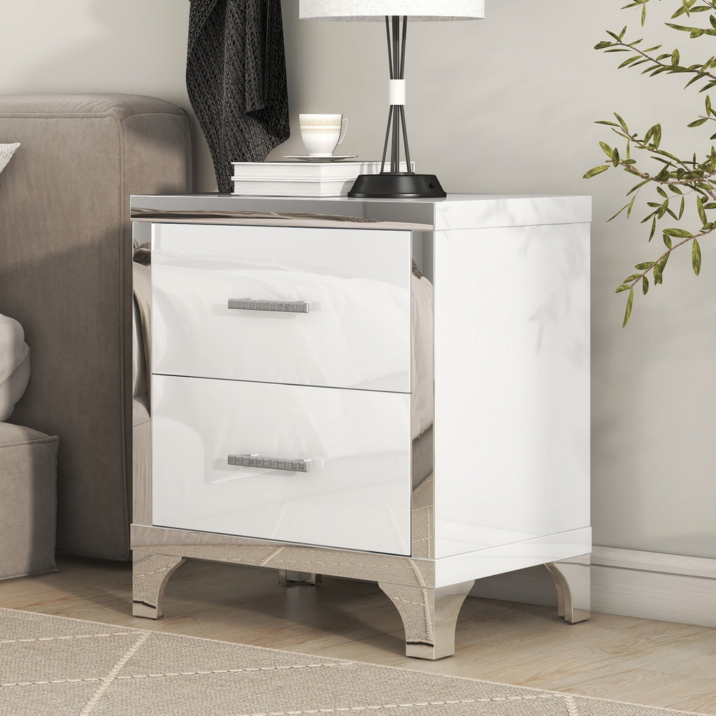 Elegant High Gloss Nightstand with Metal Handle,Mirrored Bedside Table with 2 Drawers for Bedroom,Living Room,White - Grand Goldman Shop