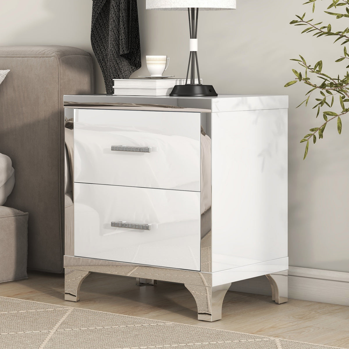 Elegant High Gloss Nightstand with Metal Handle,Mirrored Bedside Table with 2 Drawers for Bedroom,Living Room,White - Grand Goldman Shop
