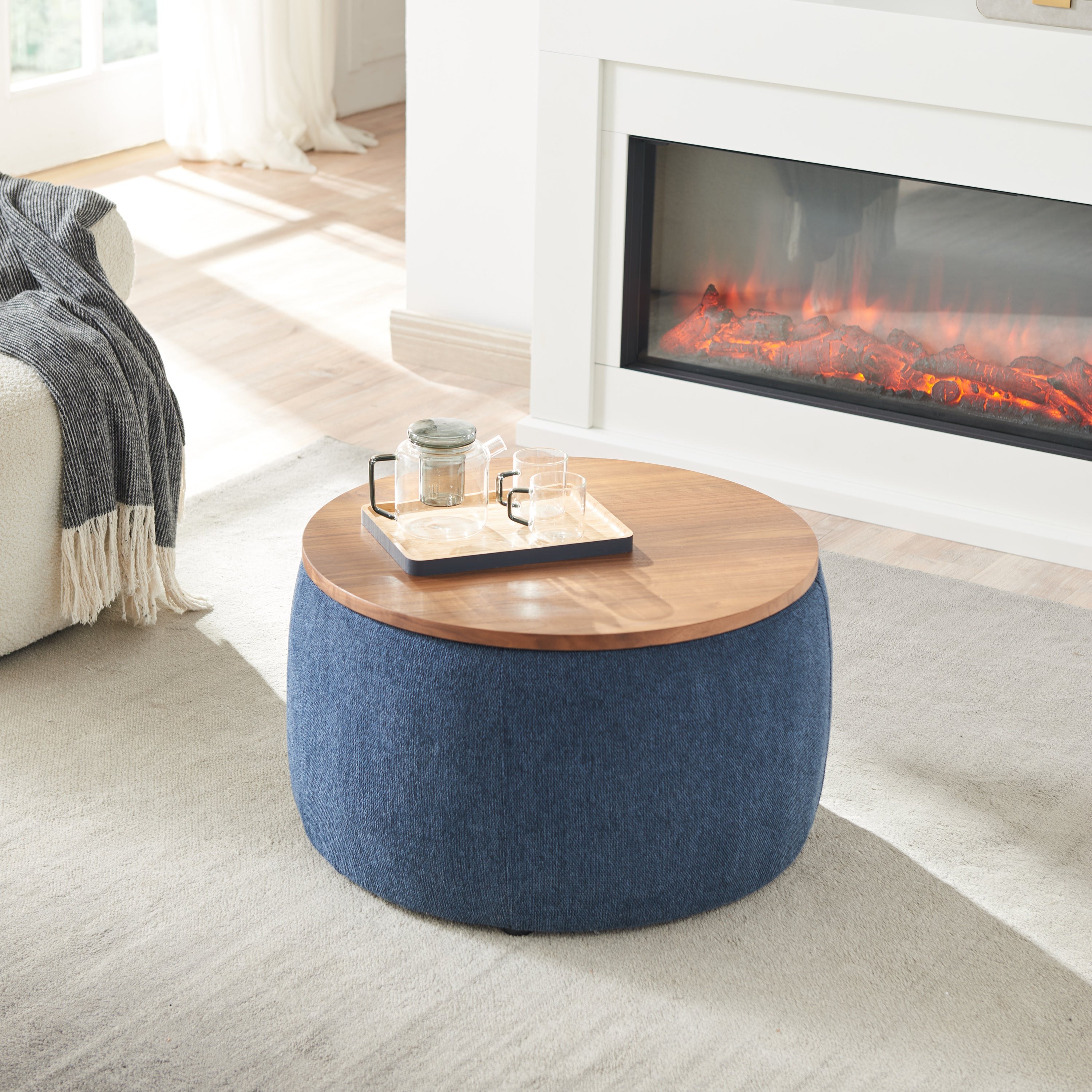 Round Storage Ottoman, 2 in 1 Function, Work as End table and Ottoman, Navy (25.5'x25.5'x14.5') - Grand Goldman Shop
