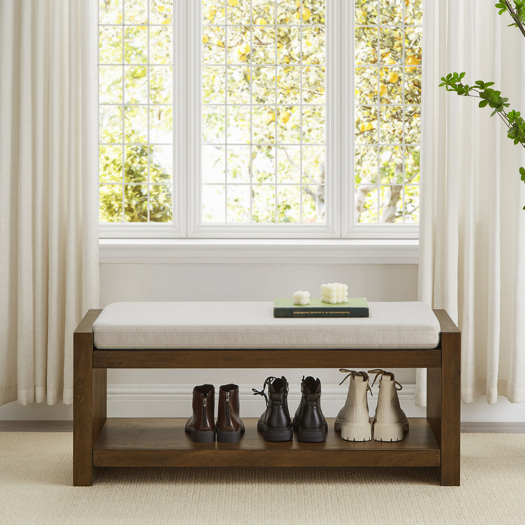 40' Accent Bench with Lower Shelf Shoe Rack, Padded Seating Bench for Living Room, Modern Compact Bed End Bench with Storage for Bedroom Seating, Removable Cushion,  40'W- Beige - Grand Goldman Shop