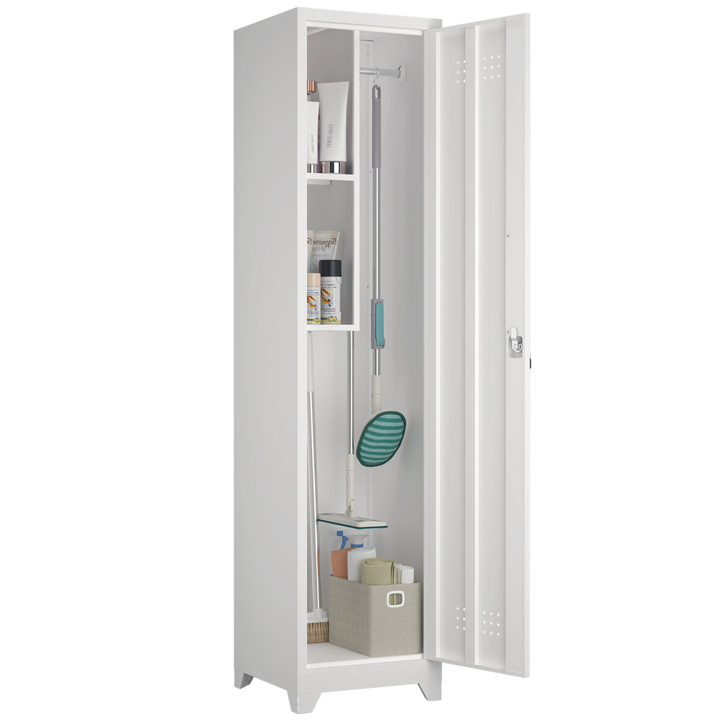 Metal Broom Storage Cabinet, 65' Narrow Broom Cabinet With Hooks, Slim Bathroom Storage Cabinet With Shelves, Heavy-Duty Clea