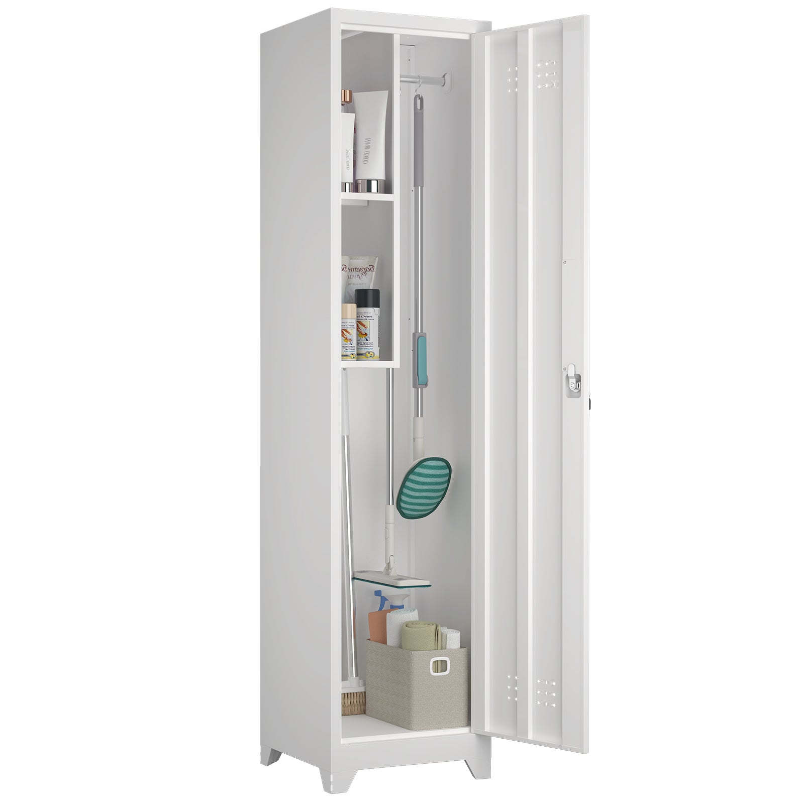 Metal Broom Storage Cabinet, 65' Narrow Broom Cabinet With Hooks, Slim Bathroom Storage Cabinet With Shelves, Heavy-Duty Clea