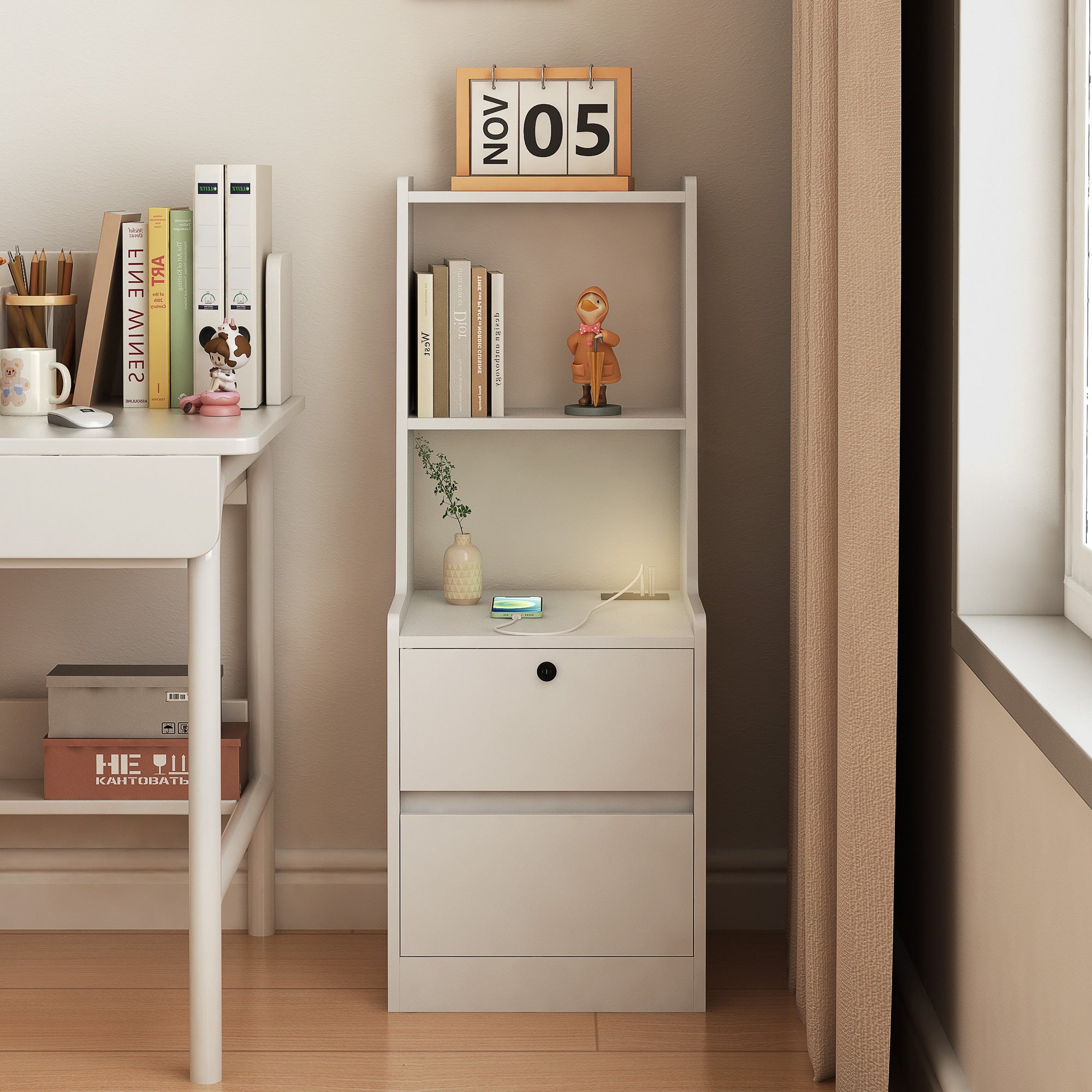 Nightstand with Charging Station, Smart Nightstand with Night Light, Modern Night Stand with Bookshelf, Bedside Tables with Storage Cabinet for Bedroom, White - Grand Goldman Shop