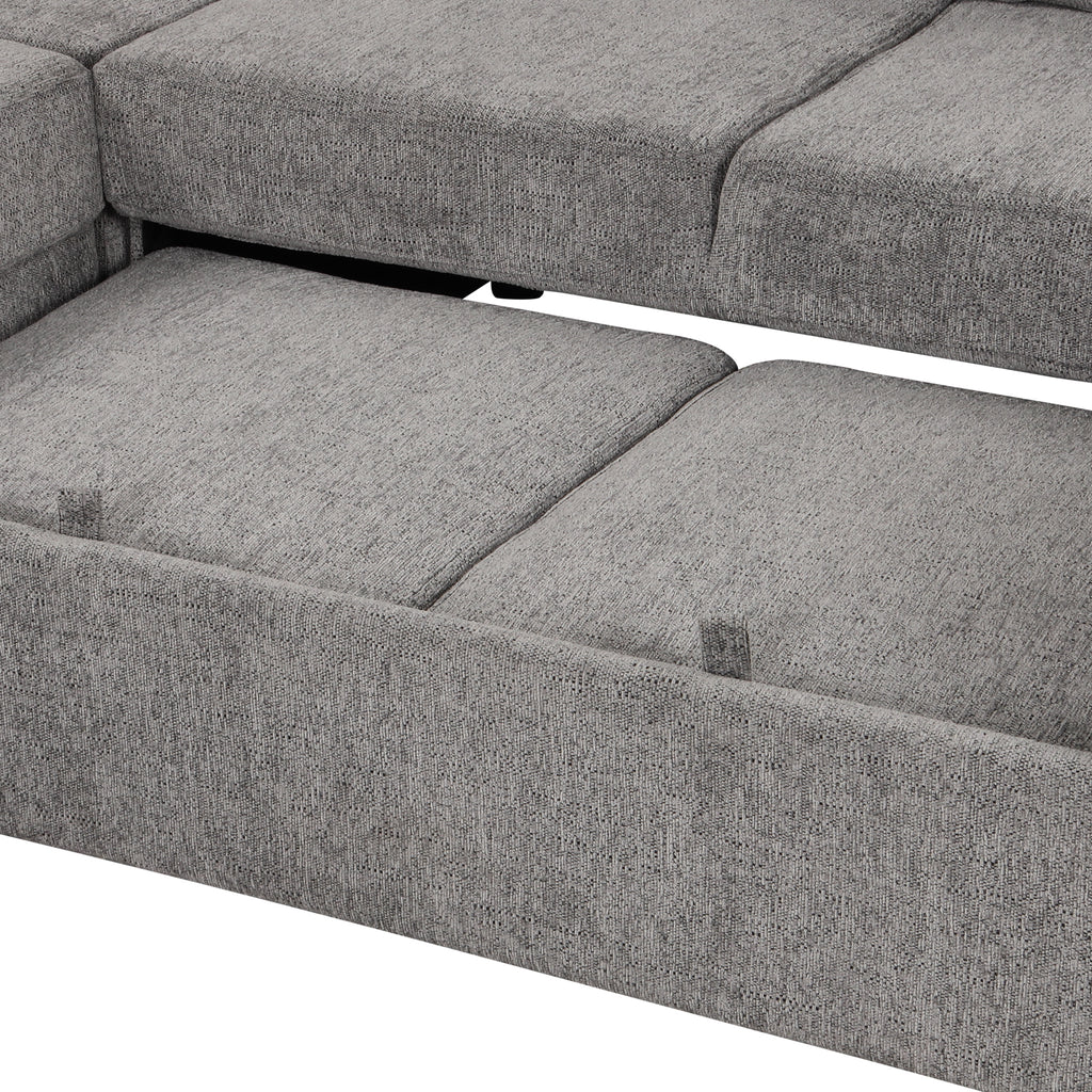 U-shaped Sectional Sofa Pull out Sofa Bed with USB Ports, Power Sockets, Storage Chaise, Light Gray Chenille, 108.6' - Grand Goldman Shop