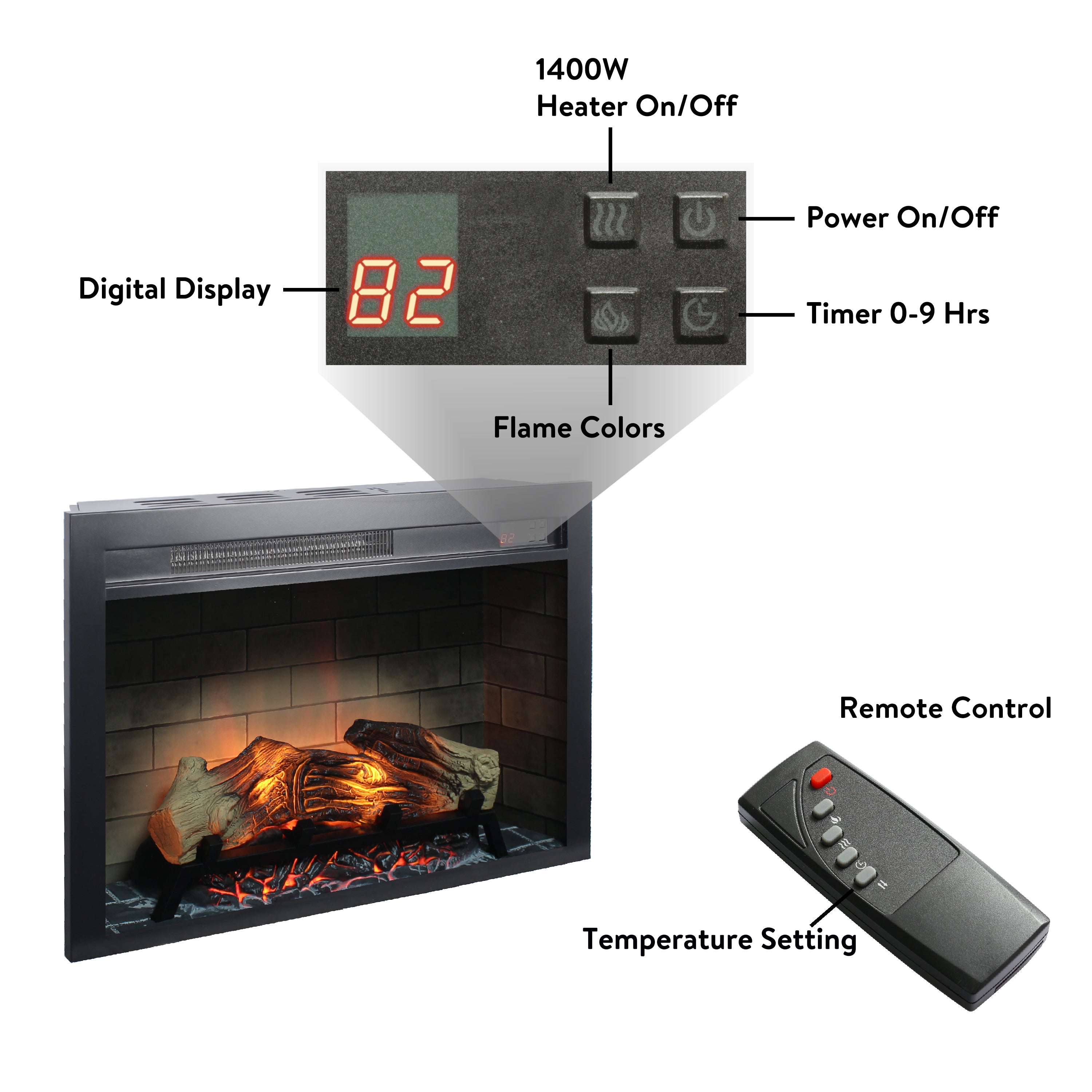 28 inch  Electric Fireplace Insert, multicolored flames - Grand Goldman Shop