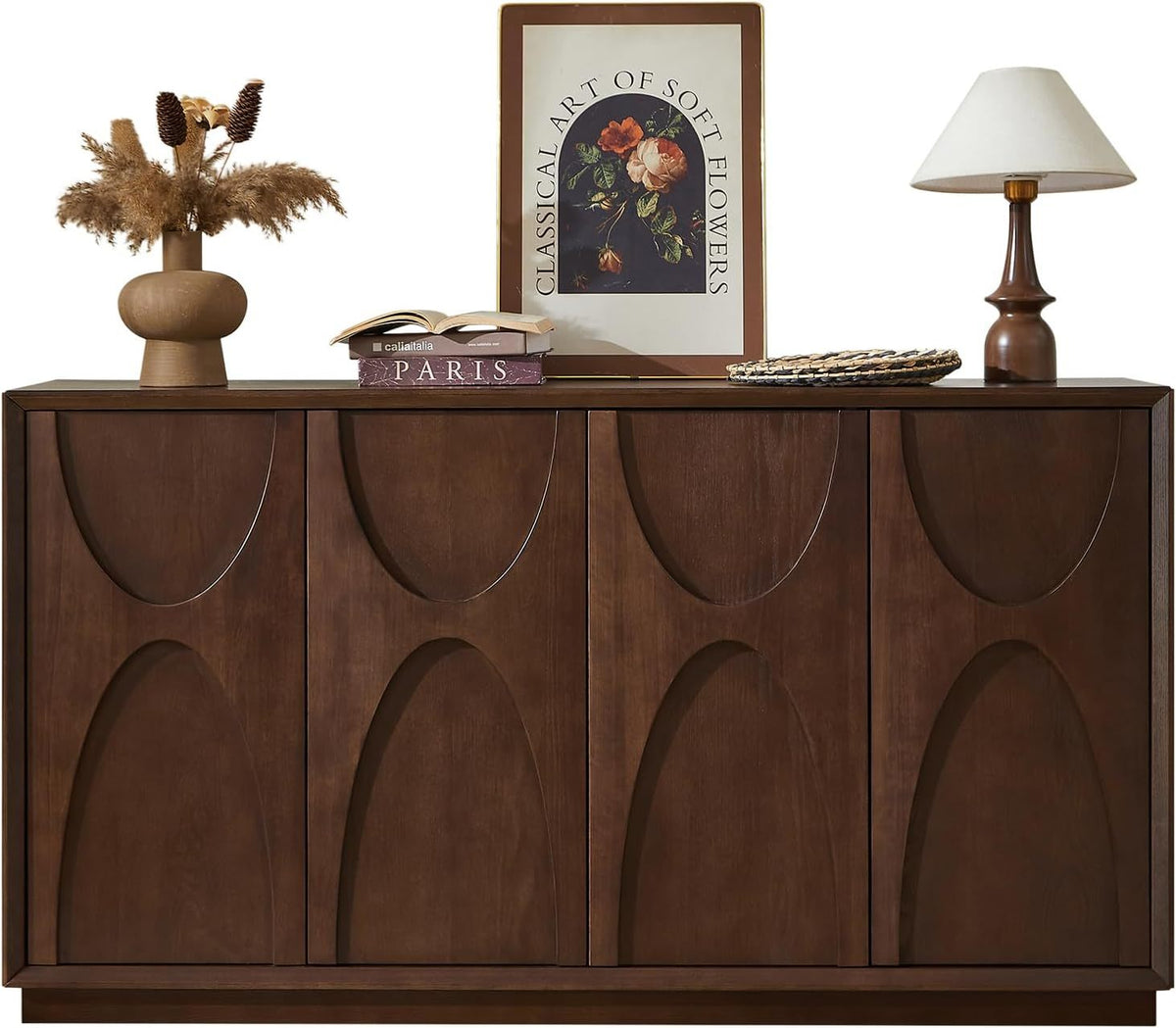 4 Door Accent Cabinet with Solid Wood Carved Doors, Adjustable Shelves, Push to Open Storage Cabinet with Cable Management, Ash Veneer Sideboard for Living Room, - Grand Goldman Shop