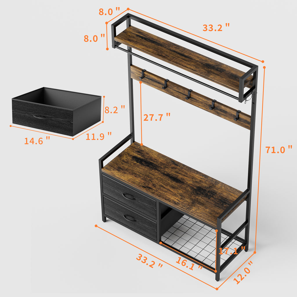 Rustic Brown 33.1' Wide Hall Tree with 2 Movable Drawers, Shoe Storage, Shelves, Garment Racks, and 23 Hooks for Entryway or Corner - Grand Goldman Shop