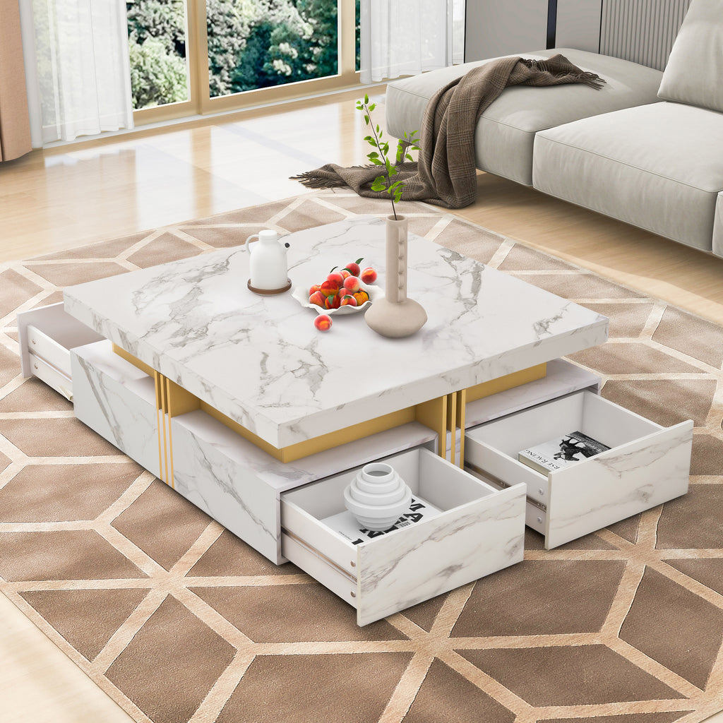 Modern White Square Storage Coffee Table with 4 Drawers - Grand Goldman Shop