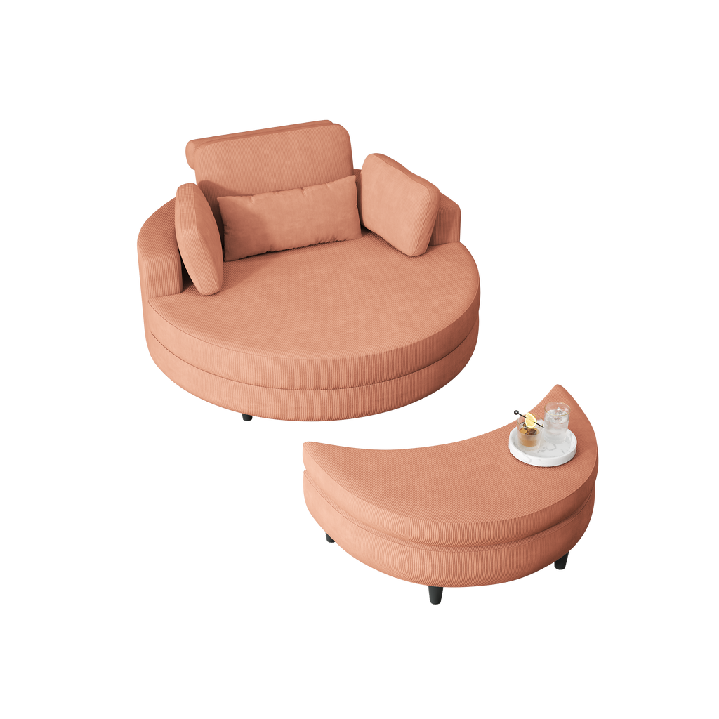 A 51-inch orange corduroy sofa with two throw pillows, a waist pillow and an extra tray is comfortable for a small apartment bedroom - Grand Goldman Shop