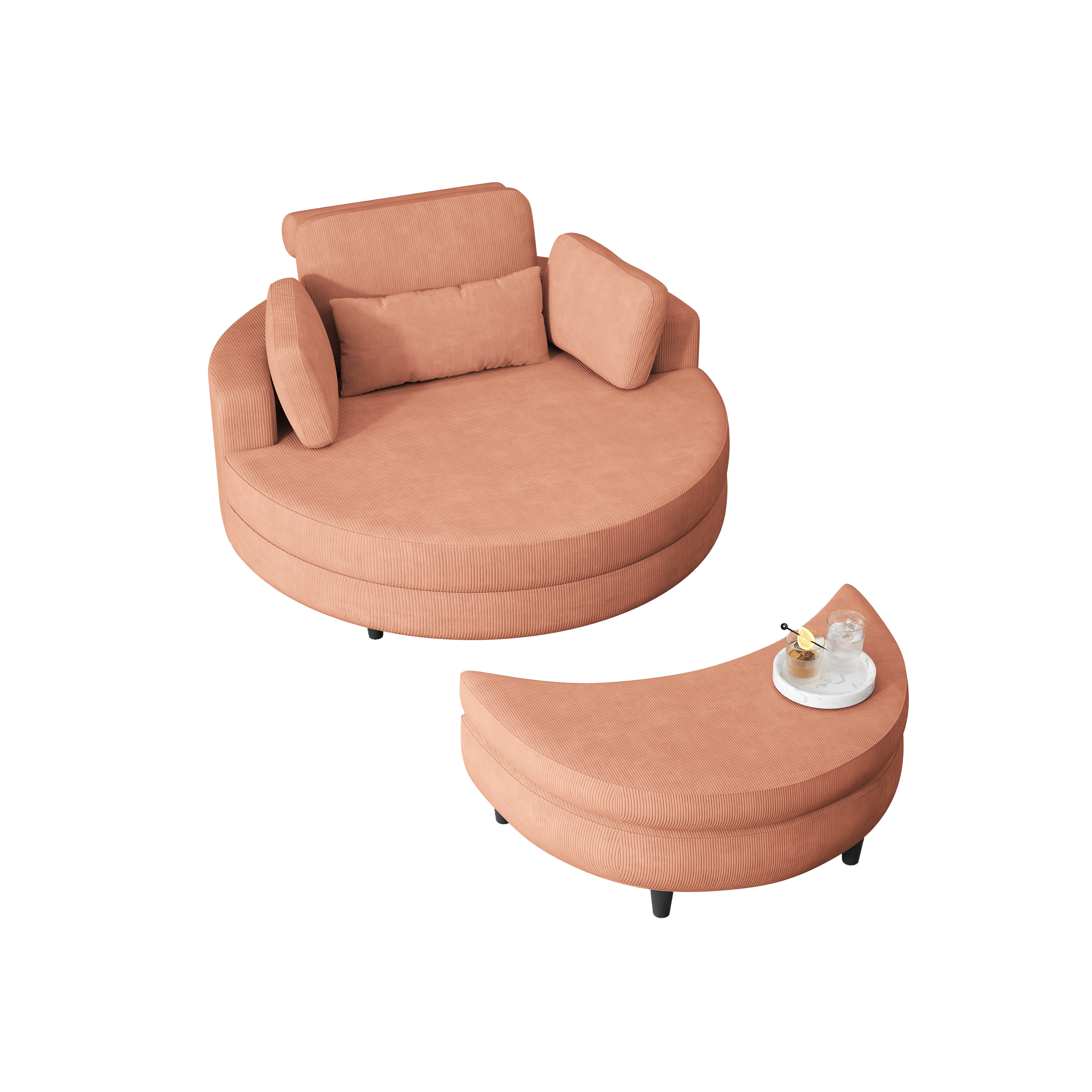 A 51-inch orange corduroy sofa with two throw pillows, a waist pillow and an extra tray is comfortable for a small apartment bedroom - Grand Goldman Shop
