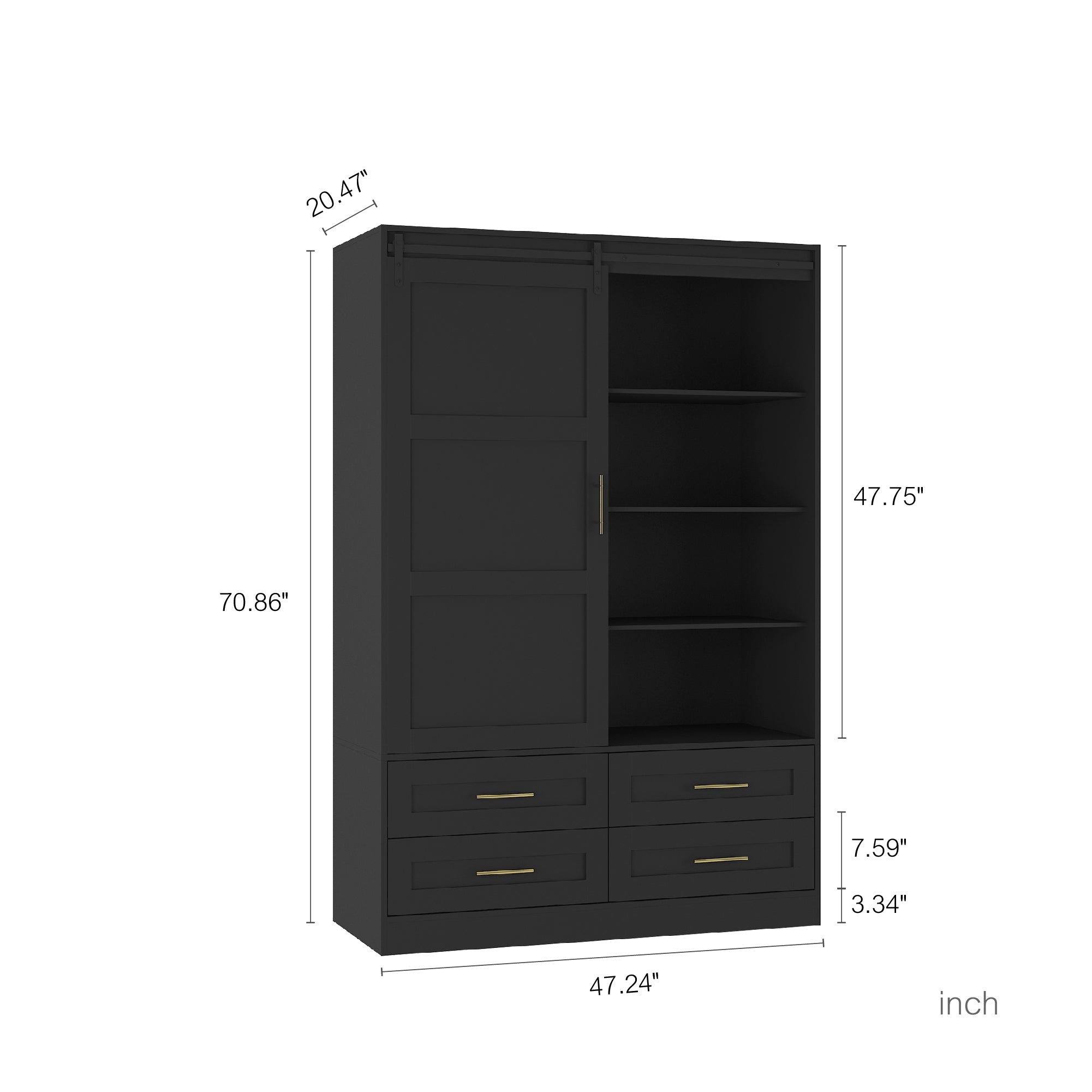 Tall Bedroom Armoire Wardrobe Closet Clothing Storage Cabinet with Hanging Rod Barn Door Drawers Open Shelves - Grand Goldman Shop