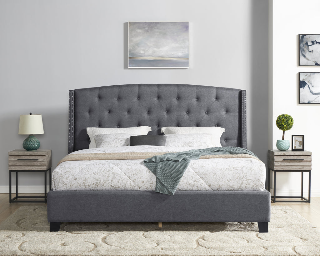 Belize 3-Piece Upholstered Bedroom Set, Tufted Wingback Bed with Two Gray Nightstands - Grand Goldman Shop