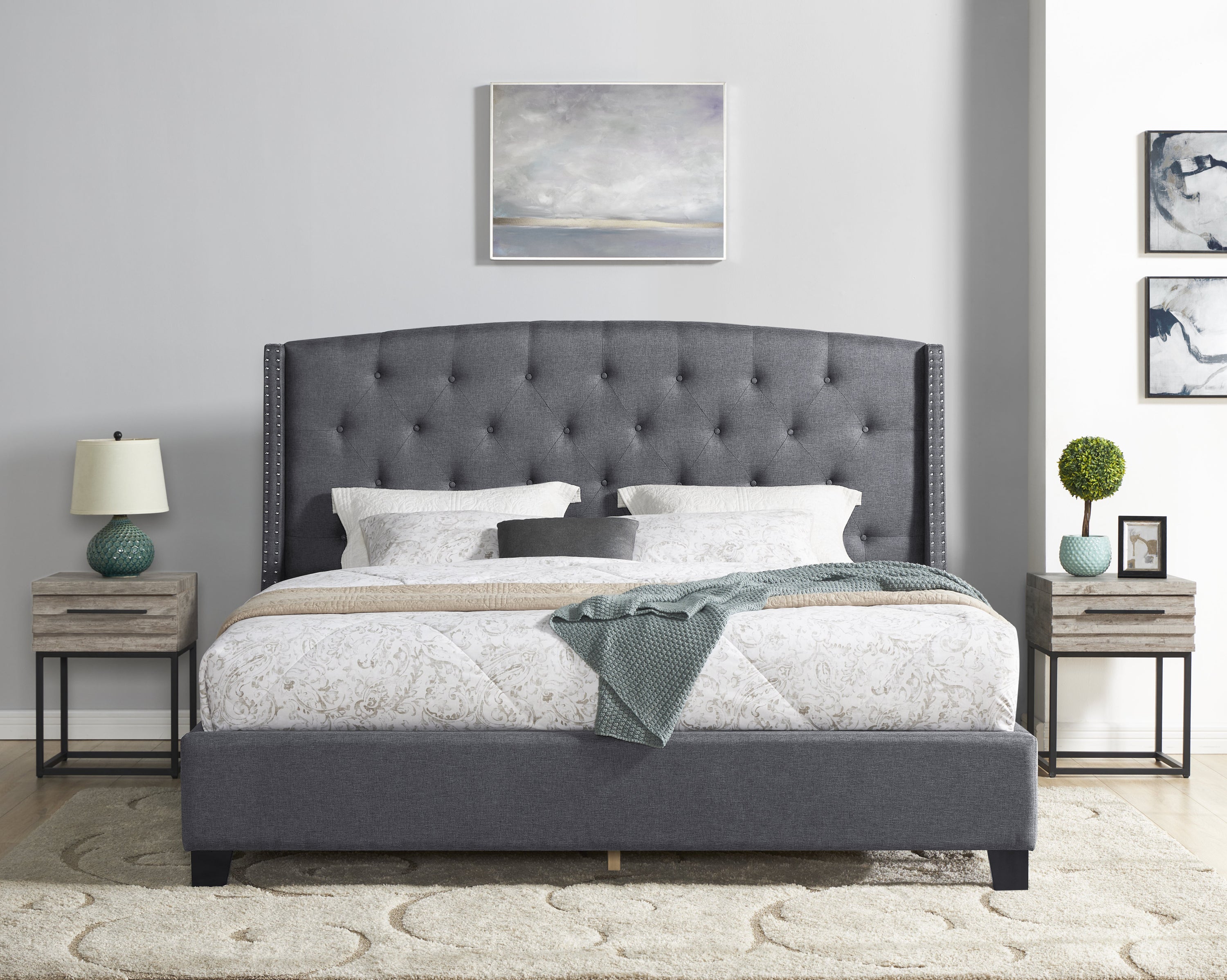 Belize 3-Piece Upholstered Bedroom Set, Tufted Wingback Bed with Two Gray Nightstands - Grand Goldman Shop