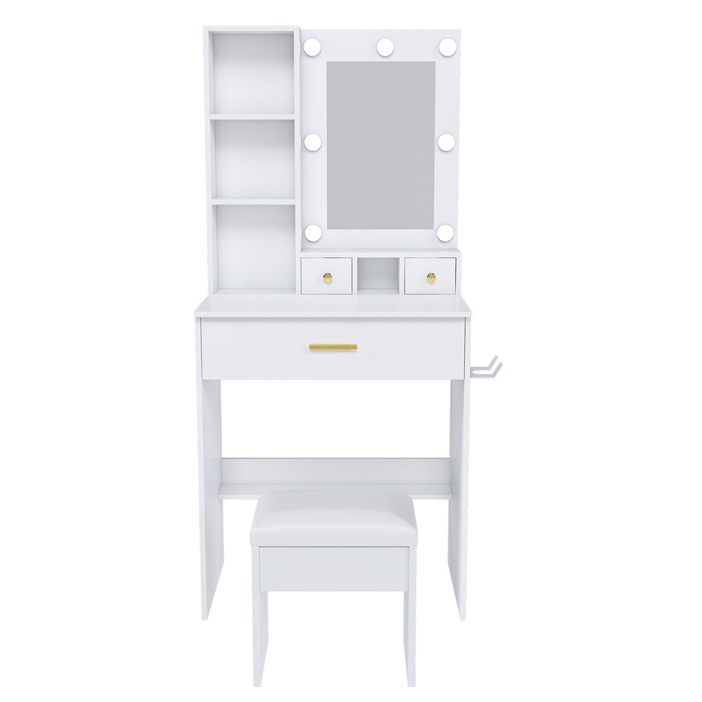 White Vanity Table with Mirror, Adjustable LED Lights, Power Outlet, Hairdryer Holder & Stool – Compact Dressing Desk for Small Bedrooms - Grand Goldman Shop