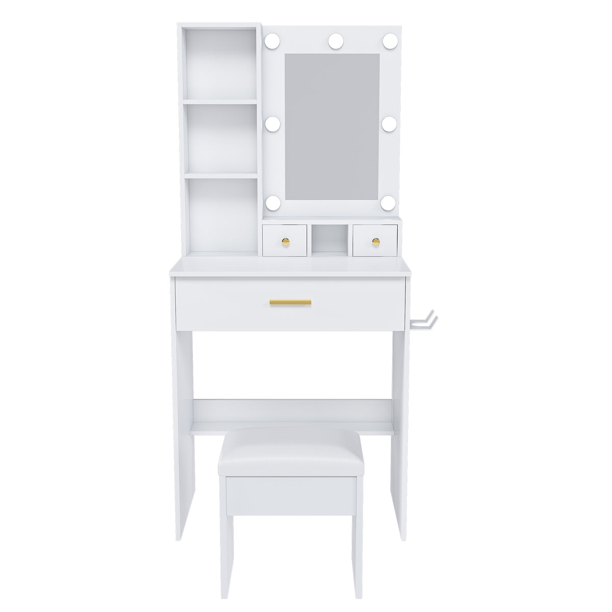 White Vanity Table with Mirror, Adjustable LED Lights, Power Outlet, Hairdryer Holder & Stool – Compact Dressing Desk for Small Bedrooms - Grand Goldman Shop