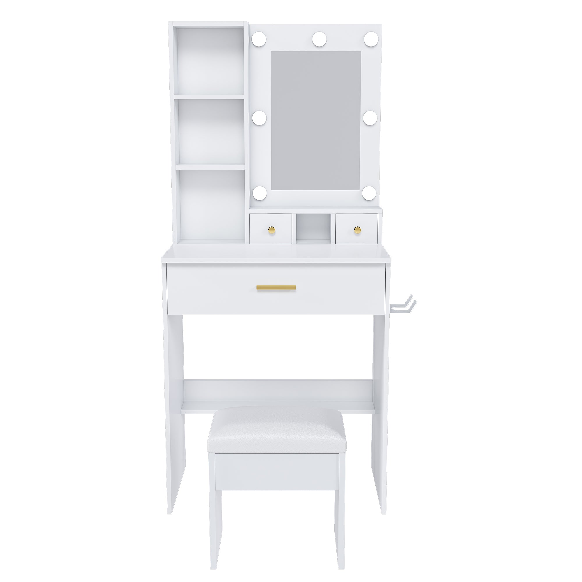White Vanity Table with Mirror, Adjustable LED Lights, Power Outlet, Hairdryer Holder & Stool – Compact Dressing Desk for Small Bedrooms - Grand Goldman Shop