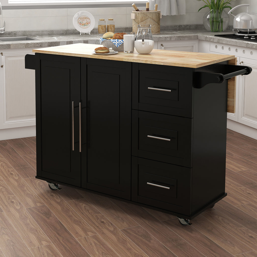 Kitchen Island with Spice Rack, Towel Rack and Extensible Solid Wood Table Top-Black - Grand Goldman Shop
