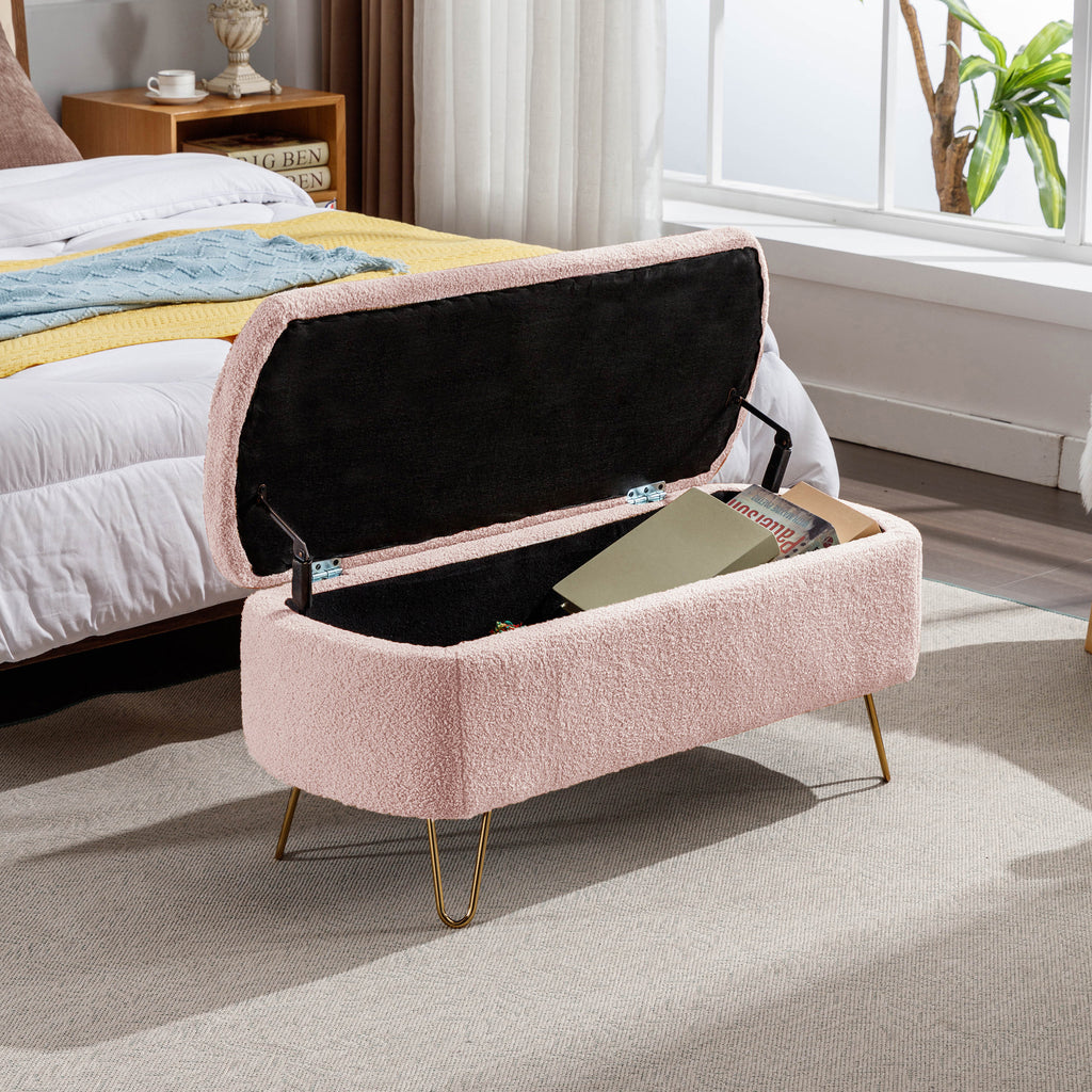Pink Storage Ottoman Bench for End of Bed Gold Legs, Modern Grey Faux Fur Entryway Bench Upholstered Padded with Storage for Living Room Bedroom - Grand Goldman Shop