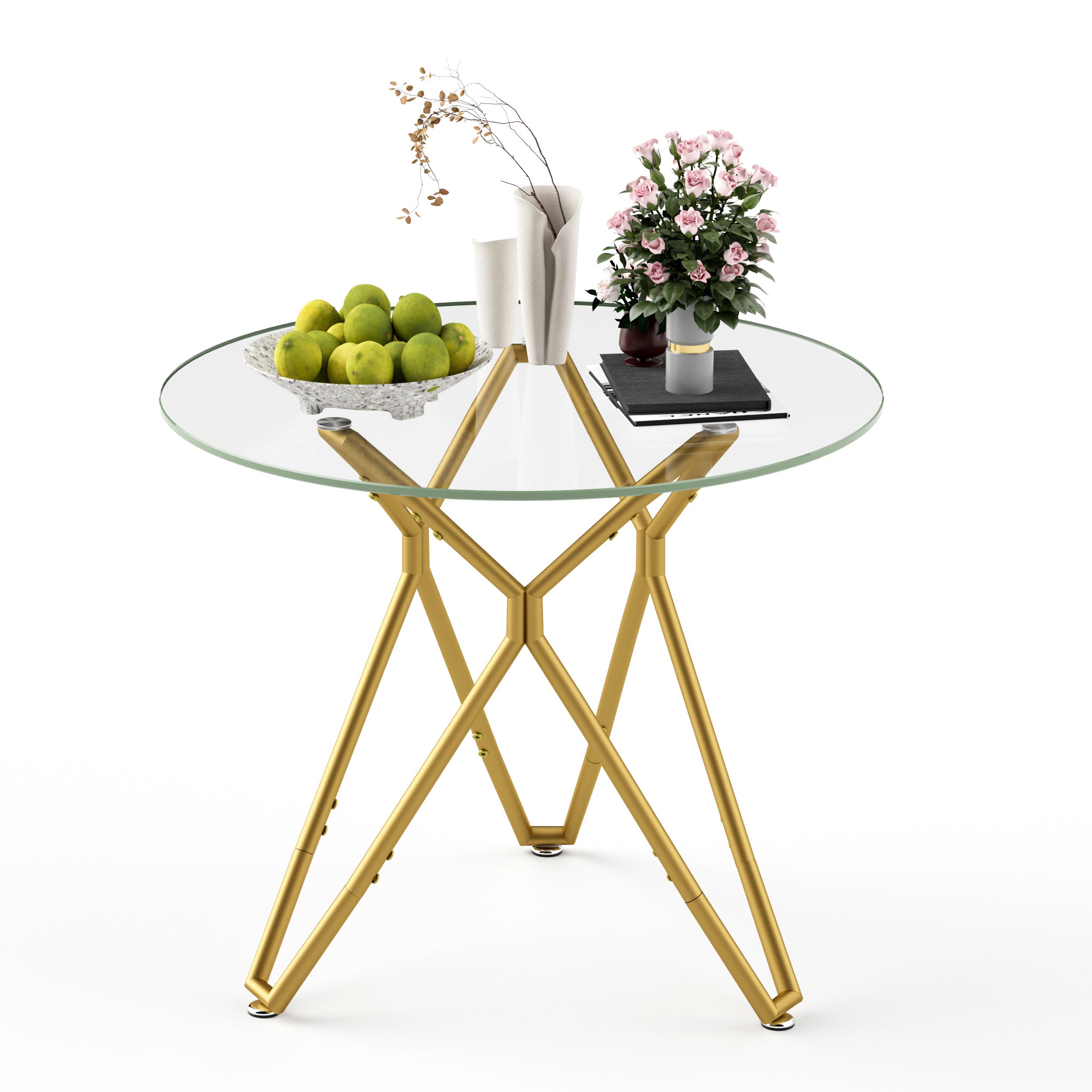35.4-inch round tempered glass dining table, suitable for 1-4 people, space-saving small kitchen dining table, equipped with sturdy metal table legs, suitable for dining room, living room,Gold - Grand Goldman Shop