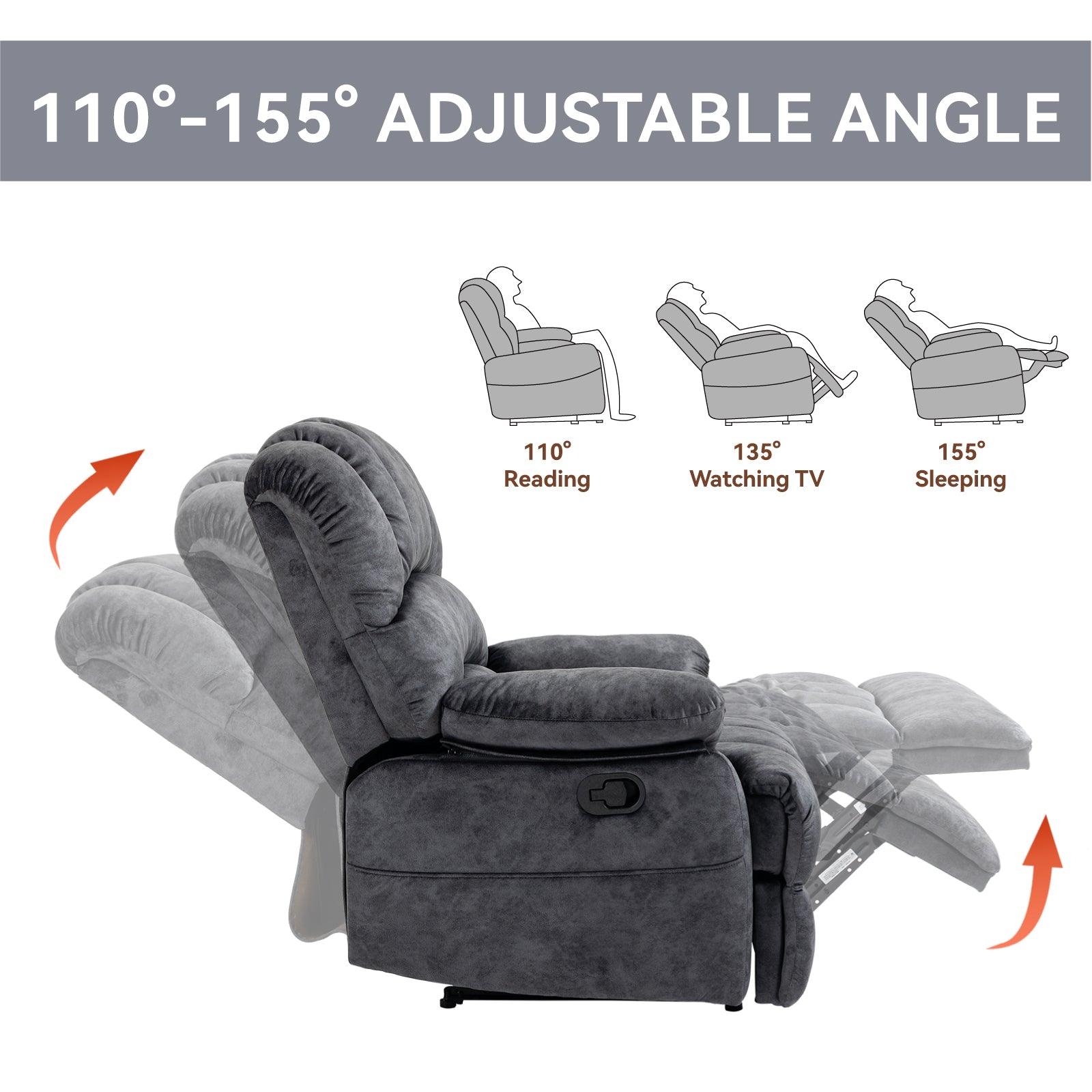 Large Manual Recliner Chair in Fabric for Living Room, Grey - Grand Goldman Shop