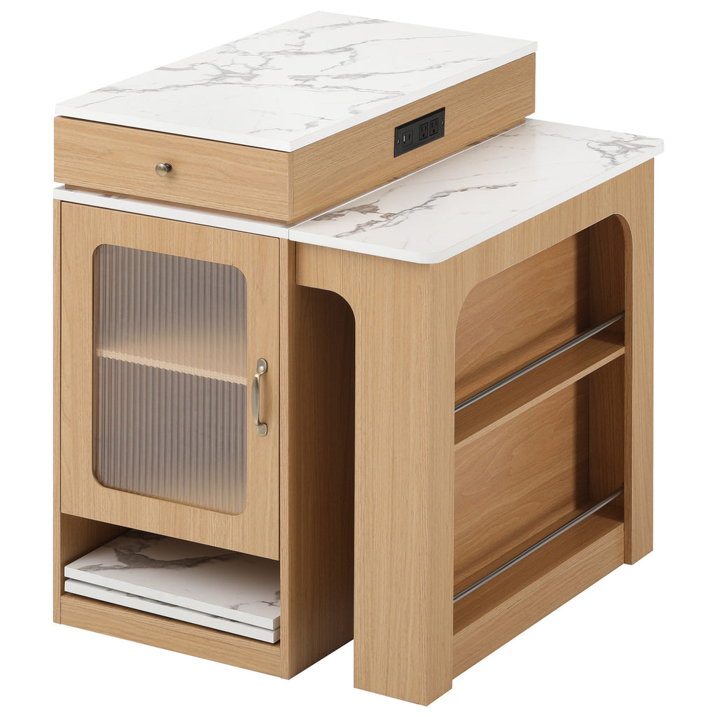 K&K 59.5'Kitchen Island with Extendable Dining Table, Kitchen Storage Table with Double-sided Storage, Kitchen Island with 2 Drawers, Power Outlet, Side Open Shelves, for Kitchen, Dining Room, Natural - Grand Goldman Shop