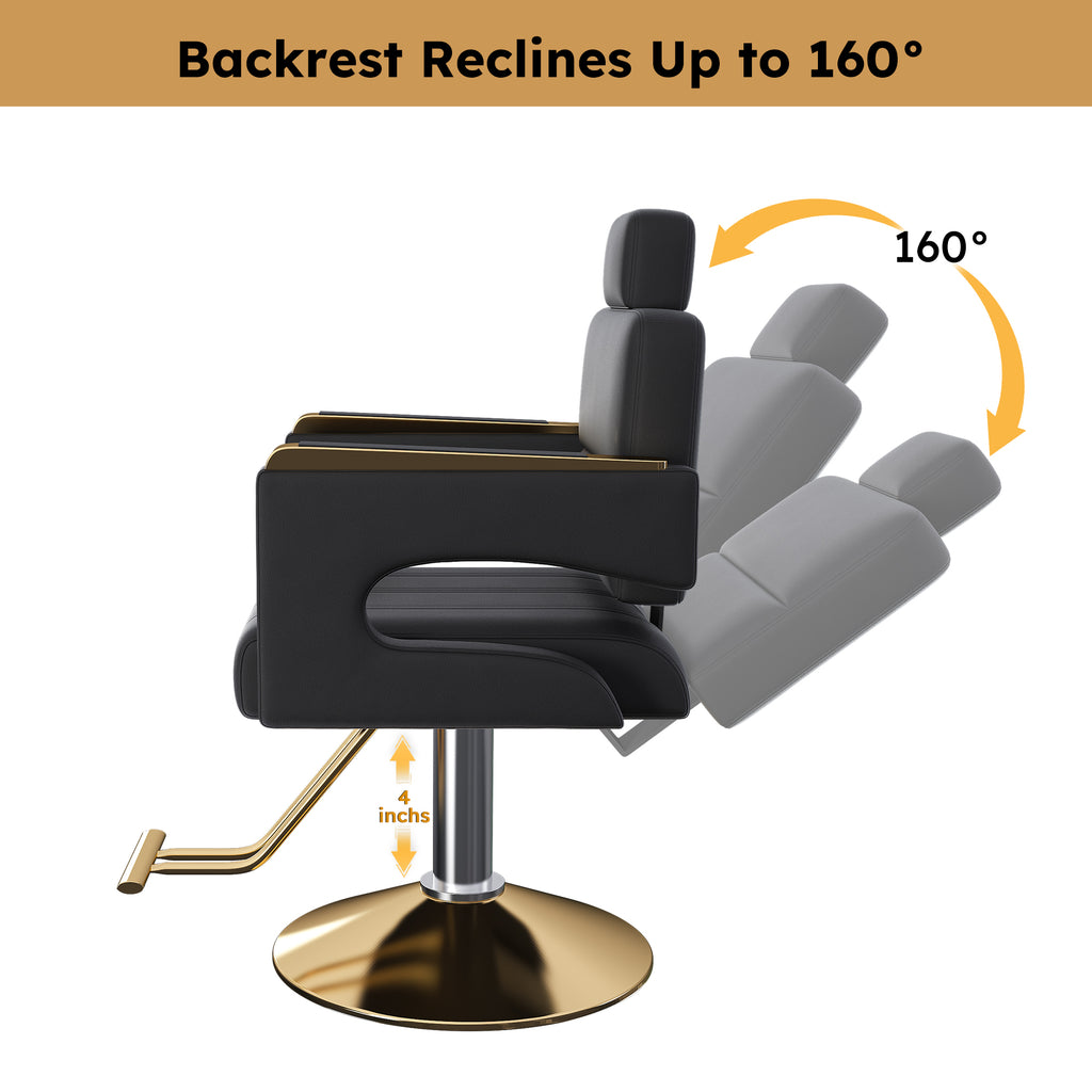 Professional Hydraulic Barber Chair with 360° Swivel, Adjustable Height, Stainless Steel Armrests & Reclining Backrest in Black & Gold - Grand Goldman Shop
