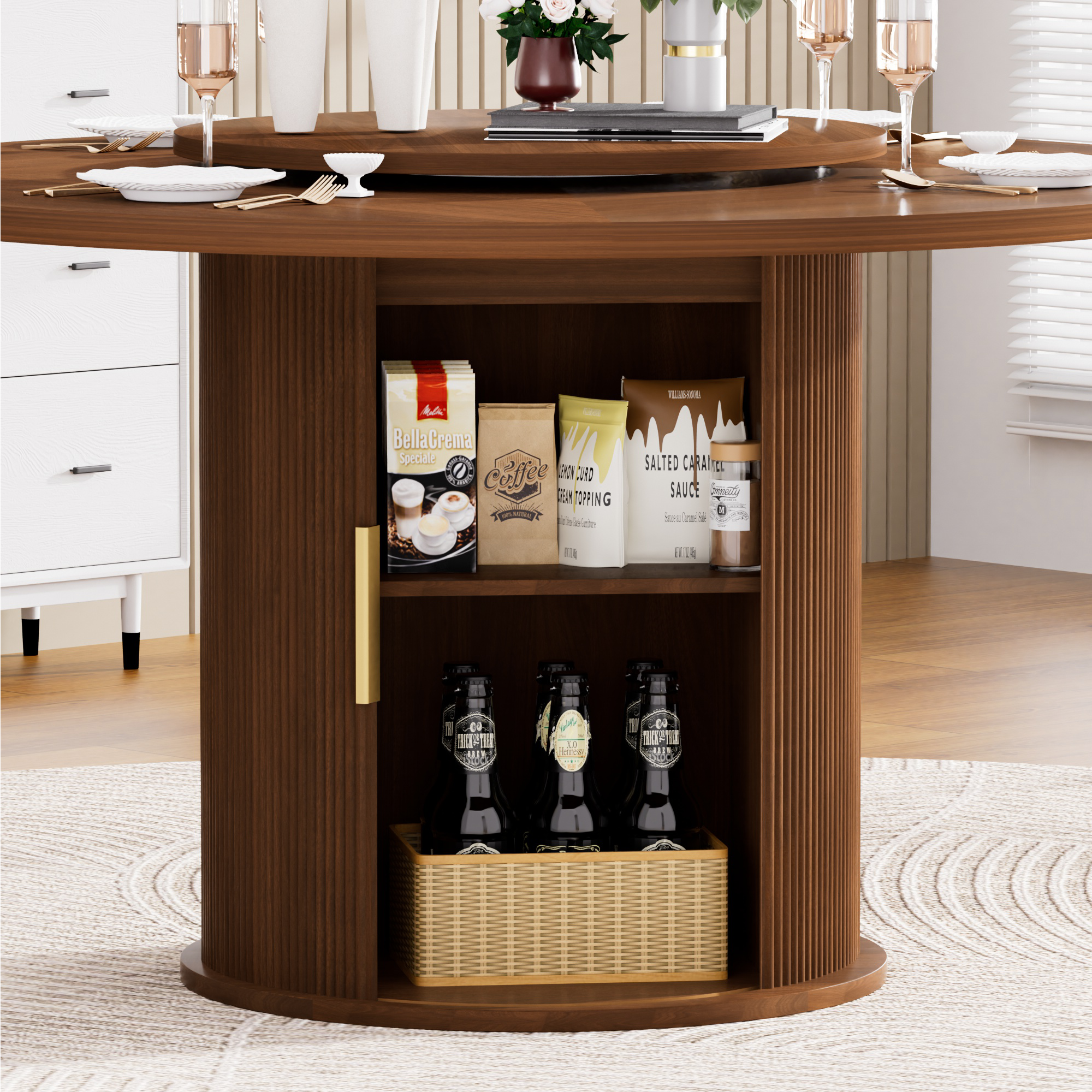 55-inch round dining table for six, featuring a double-tiered storage rack and a rotating tabletop tray. Wooden wavy-striped sliding doors. Ideal for home dining room living room (Walnut). - Grand Goldman Shop