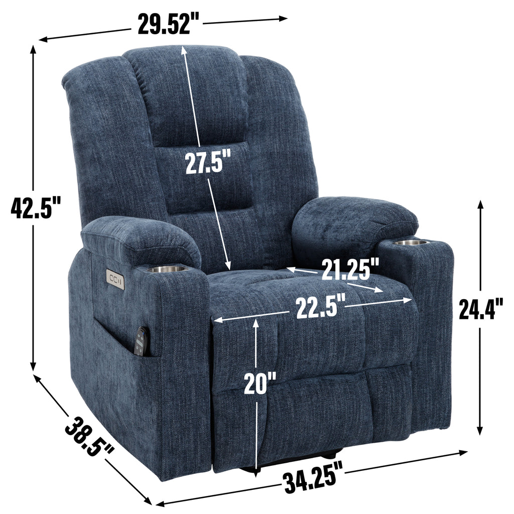 Power Lift Recliner Chair with Massage and Heat for Elderly, Overstuffed Wide Recliners, Heavy Duty Motion Mechanism with USB and Type C Ports, 2 Steel Cup Holders, Blue - Grand Goldman Shop