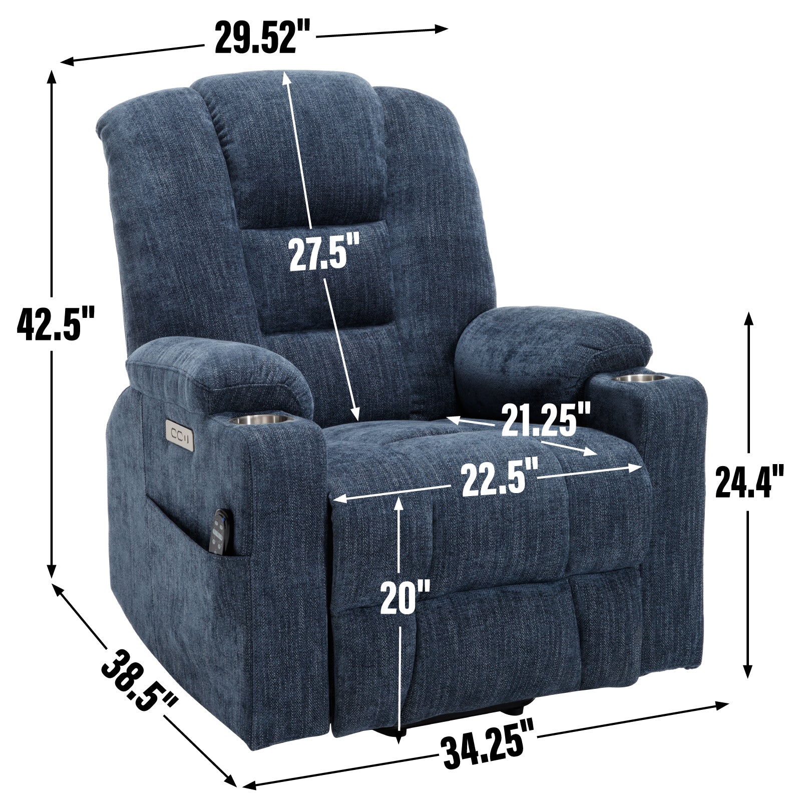 Power Lift Recliner Chair with Massage and Heat for Elderly, Overstuffed Wide Recliners, Heavy Duty Motion Mechanism with USB and Type C Ports, 2 Steel Cup Holders, Blue - Grand Goldman Shop
