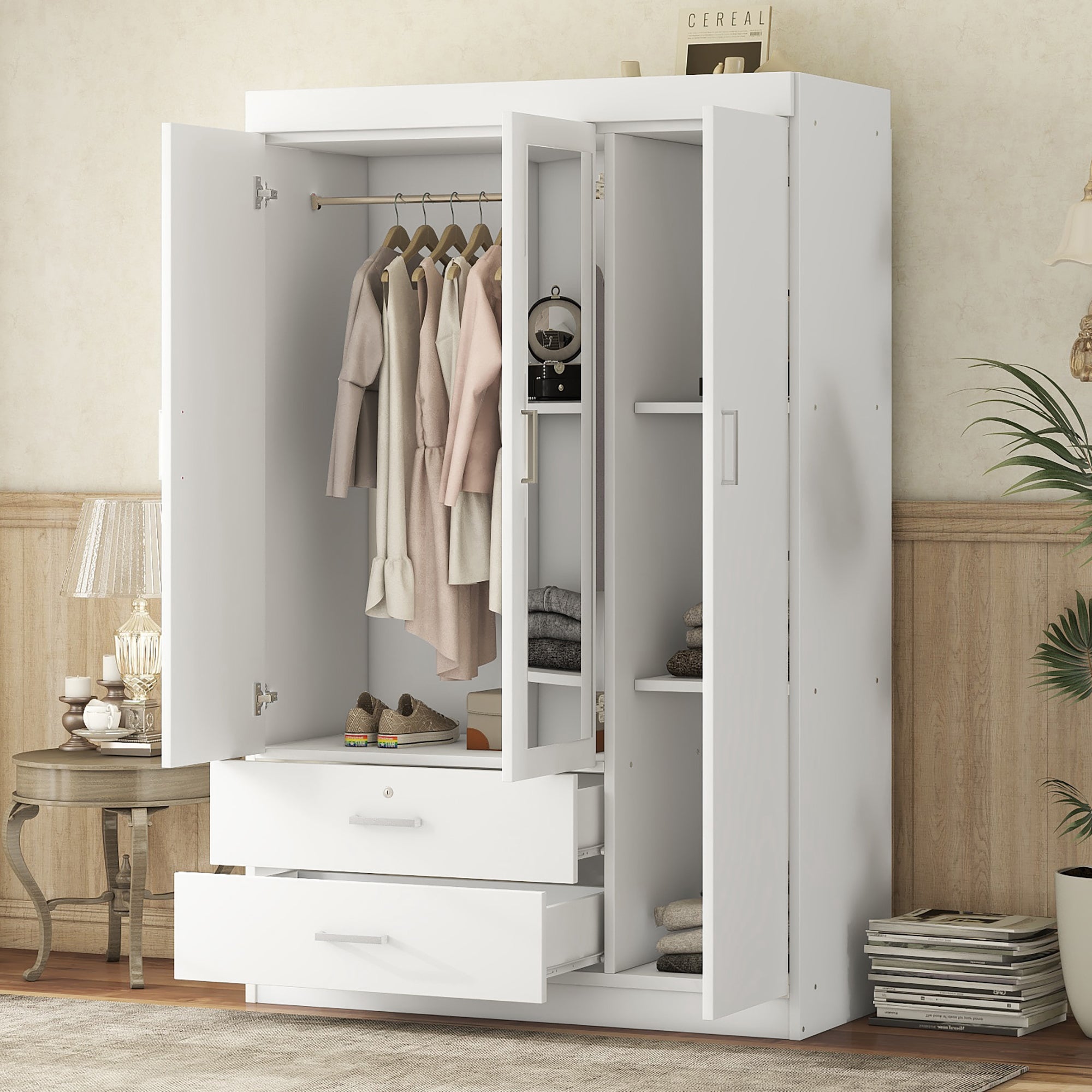 3-Door Mirror Wardrobe with shelves, White - Grand Goldman Shop